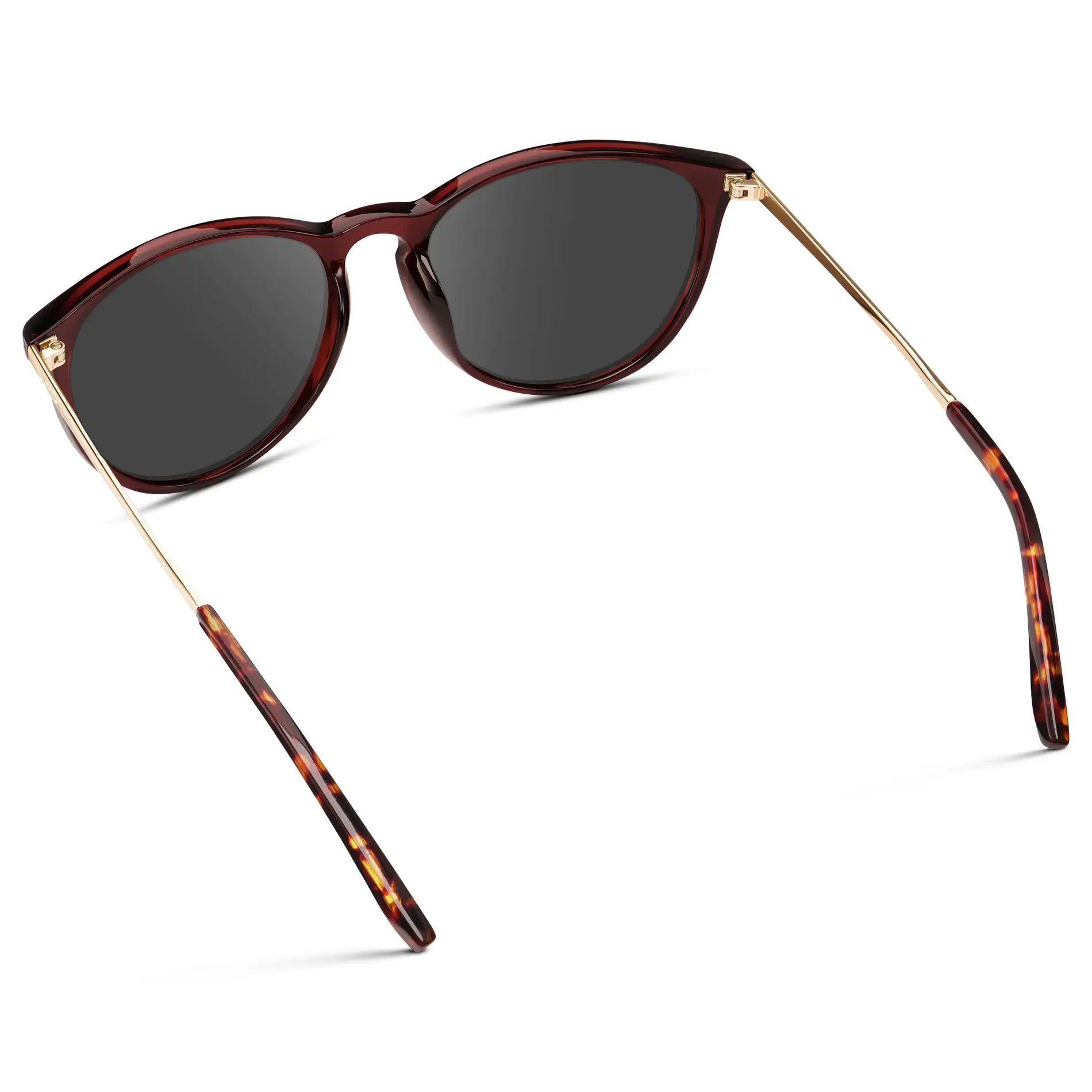 Crystal Cherry Red / Grey || Women's Round Prescription Sunglasses with Crystal Cherry Red Acetate Frame, Gold Stainless Steel Temples and Grey Prescription Lens