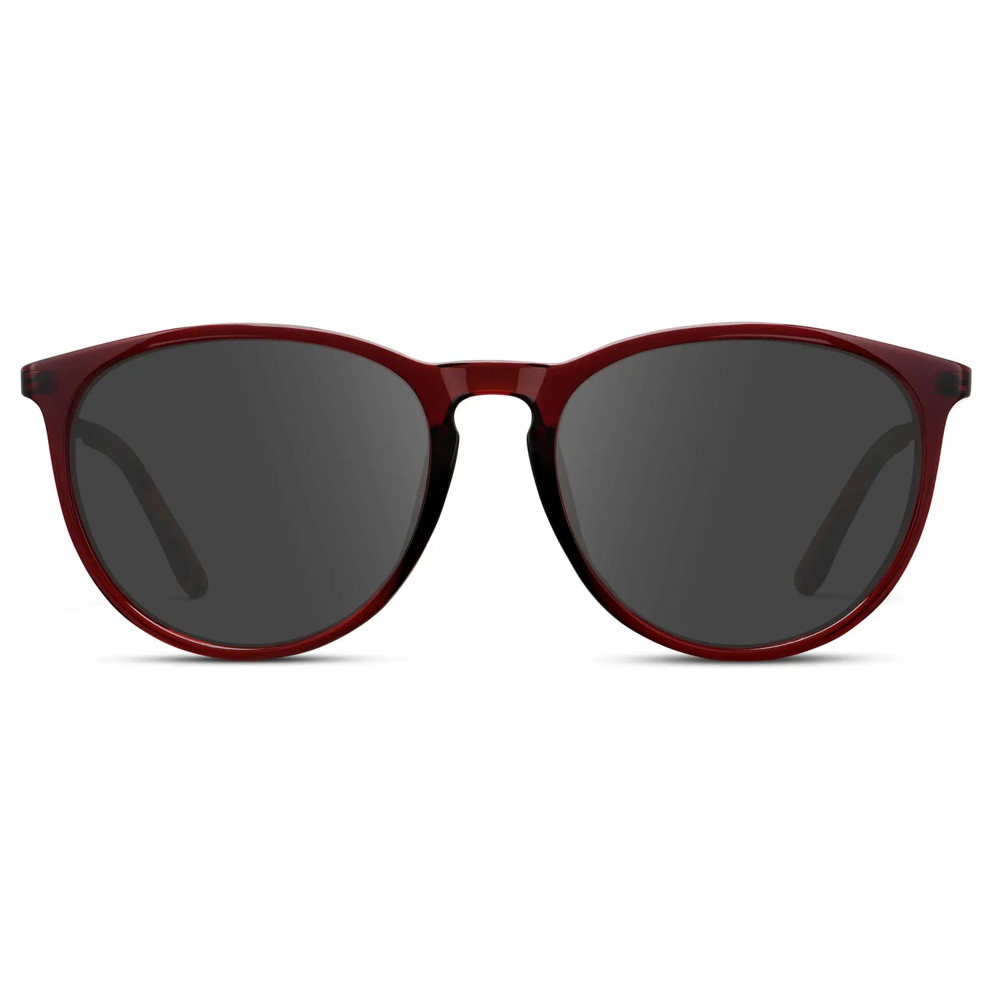 Crystal Cherry Red / Grey || Women's Round Prescription Sunglasses with Crystal Cherry Red Acetate Frame, Gold Stainless Steel Temples and Grey Prescription Lens
