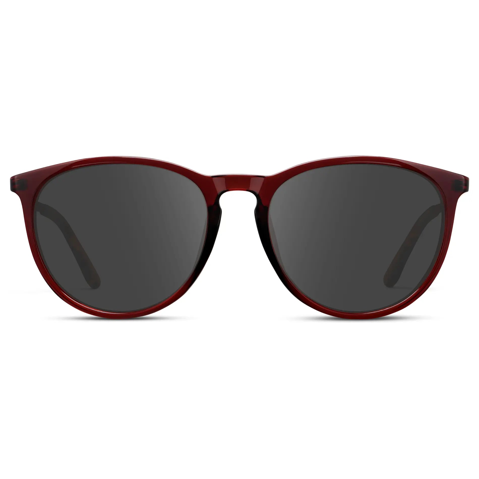 Crystal Cherry Red / Grey || Women's Round Prescription Sunglasses with Crystal Cherry Red Acetate Frame, Gold Stainless Steel Temples and Grey Prescription Lens