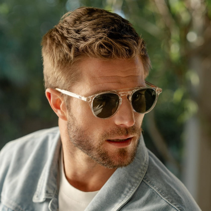Clear / Smoke Green Lens || Clear Round Frame Sunglasses with Green Polarized Lenses
