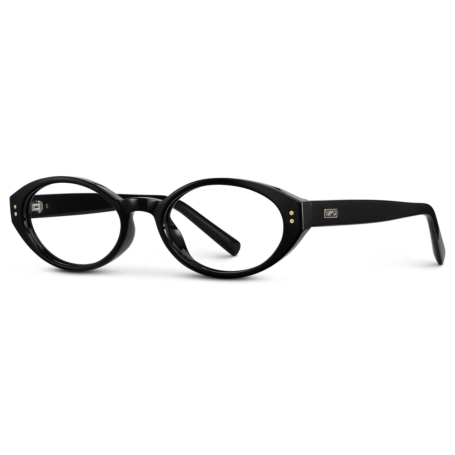 Black || Side view of Women's Elongated Oval Prescription Eyeglasses with Black Frame and Clear Lens on a white background