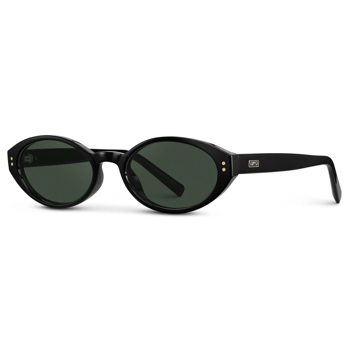 Black / G15 || Side view of Women's Elongated Oval Prescription Sunglasses with Black Frame and Green Lens on a white background