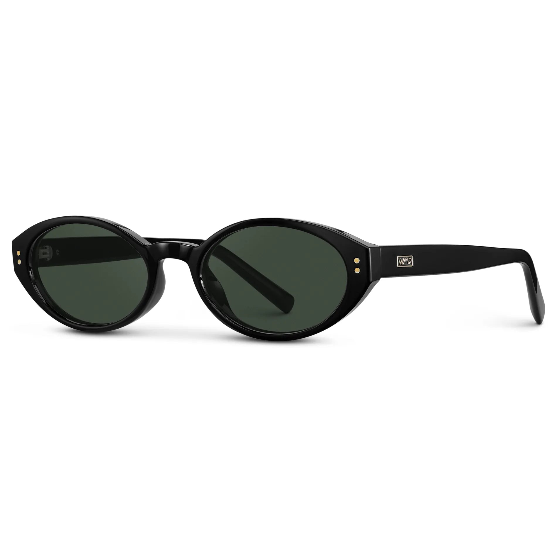 Black / G15 || Side view of Women's Elongated Oval Prescription Sunglasses with Black Frame and Green Lens on a white background