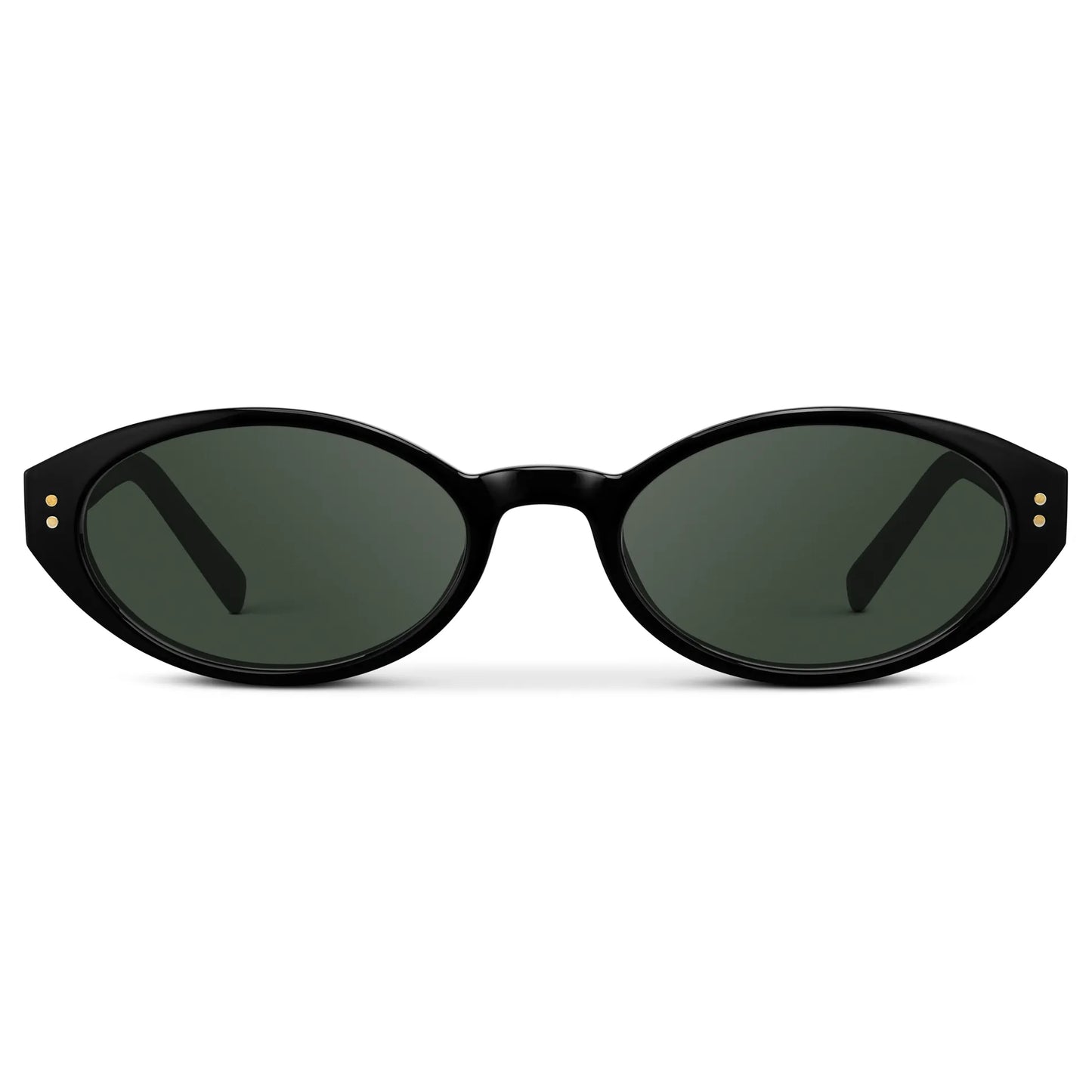 Black / G15 || Women's Elongated Oval Prescription Sunglasses with Black Frame and Green Lens on a white background