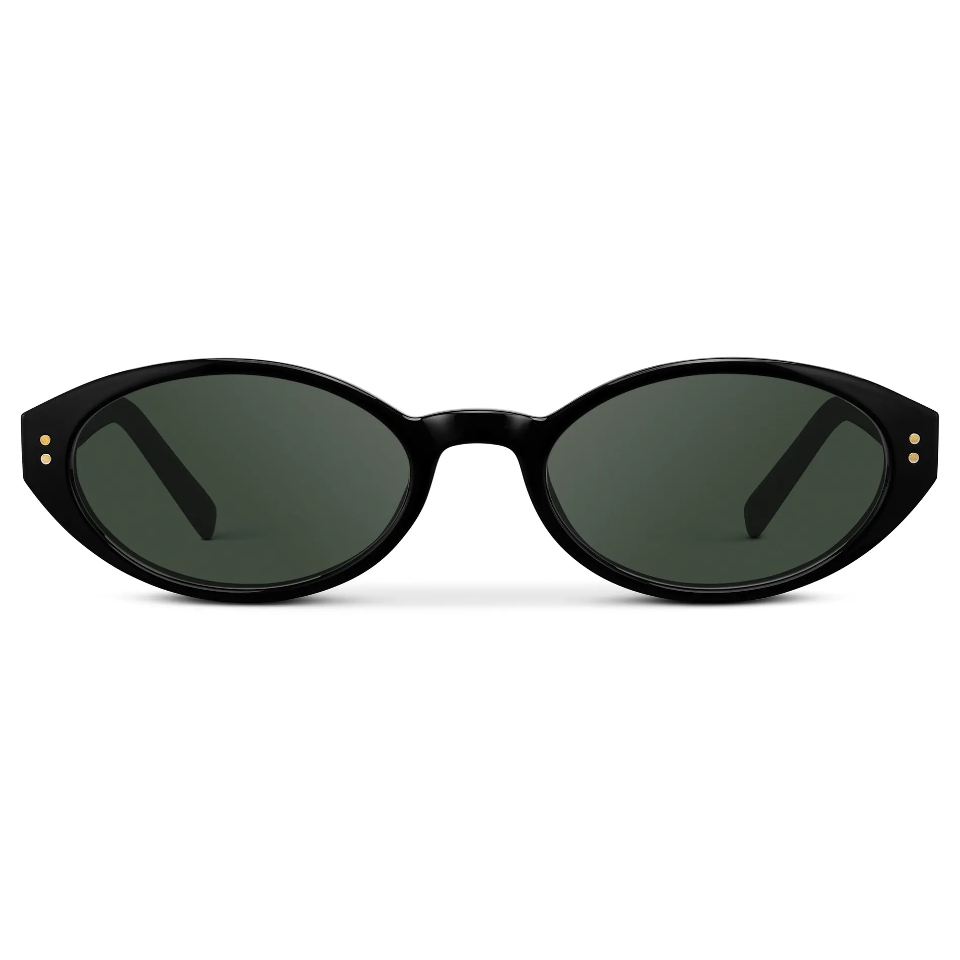 Black / G15 || Women's Elongated Oval Prescription Sunglasses with Black Frame and Green Lens on a white background