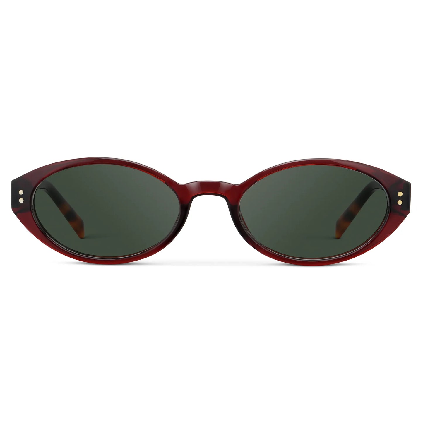 Red Garnet / G15 || Women's Elongated Oval Prescription Sunglasses with Red Garnet Frame and Green Lens on a white background