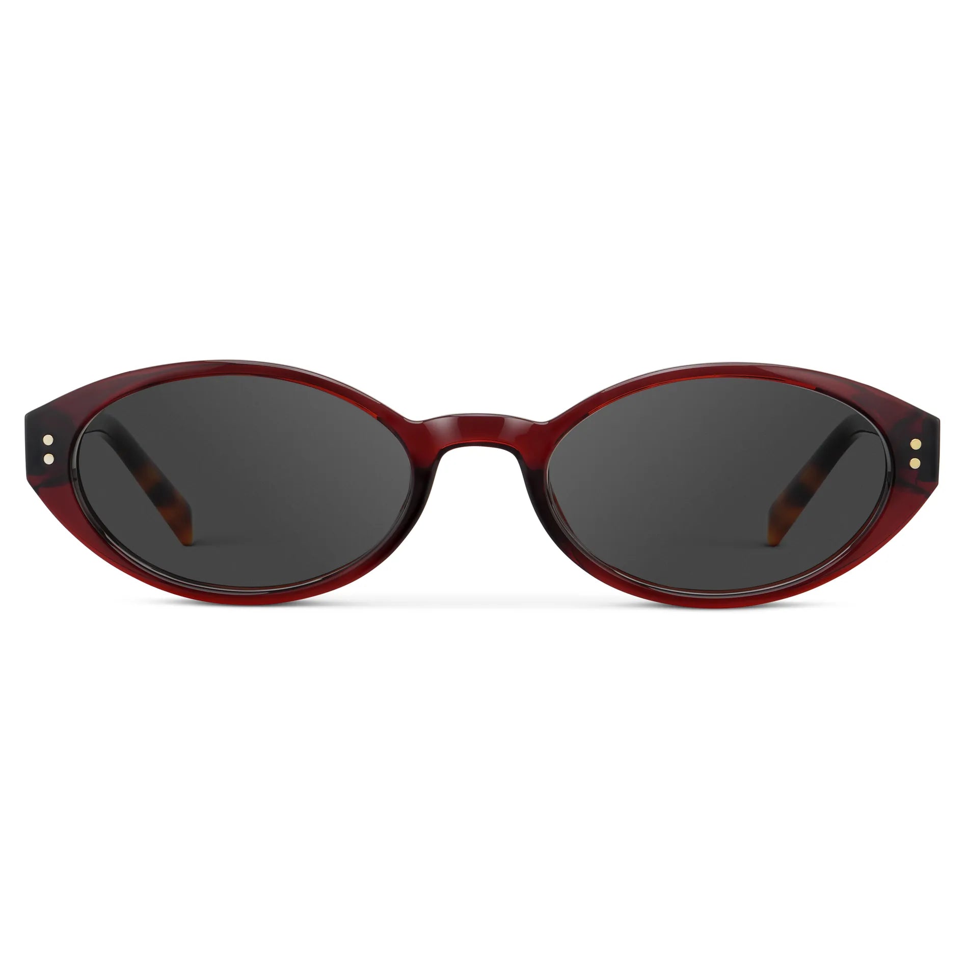 Red Garnet / Grey || Women's Elongated Oval Prescription Sunglasses with Red Garnet Frame and Grey Lens on a white background