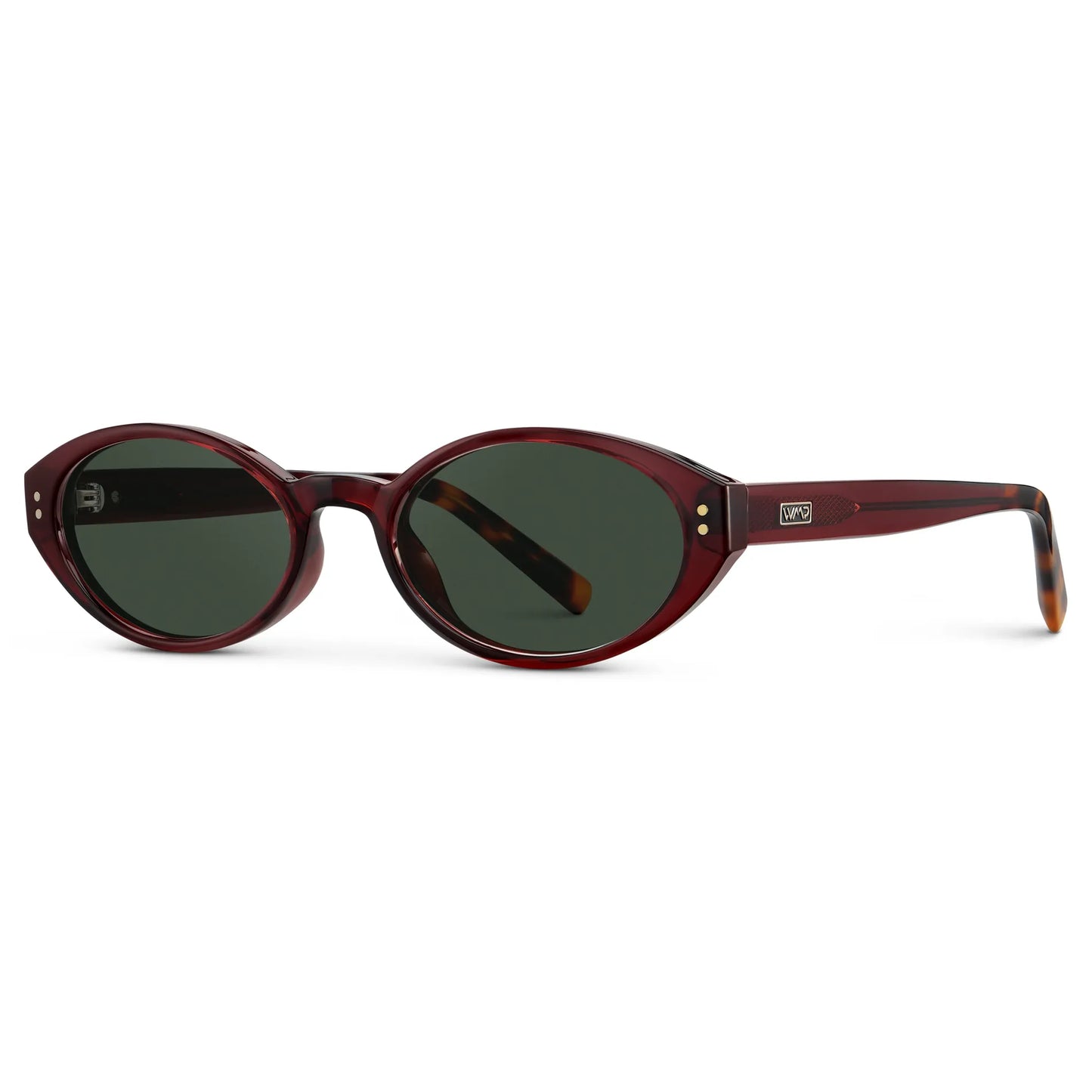 Red Garnet / G15 || Side view of Women's Elongated Oval Prescription Sunglasses with Red Garnet Frame and Green Lens on a white background
