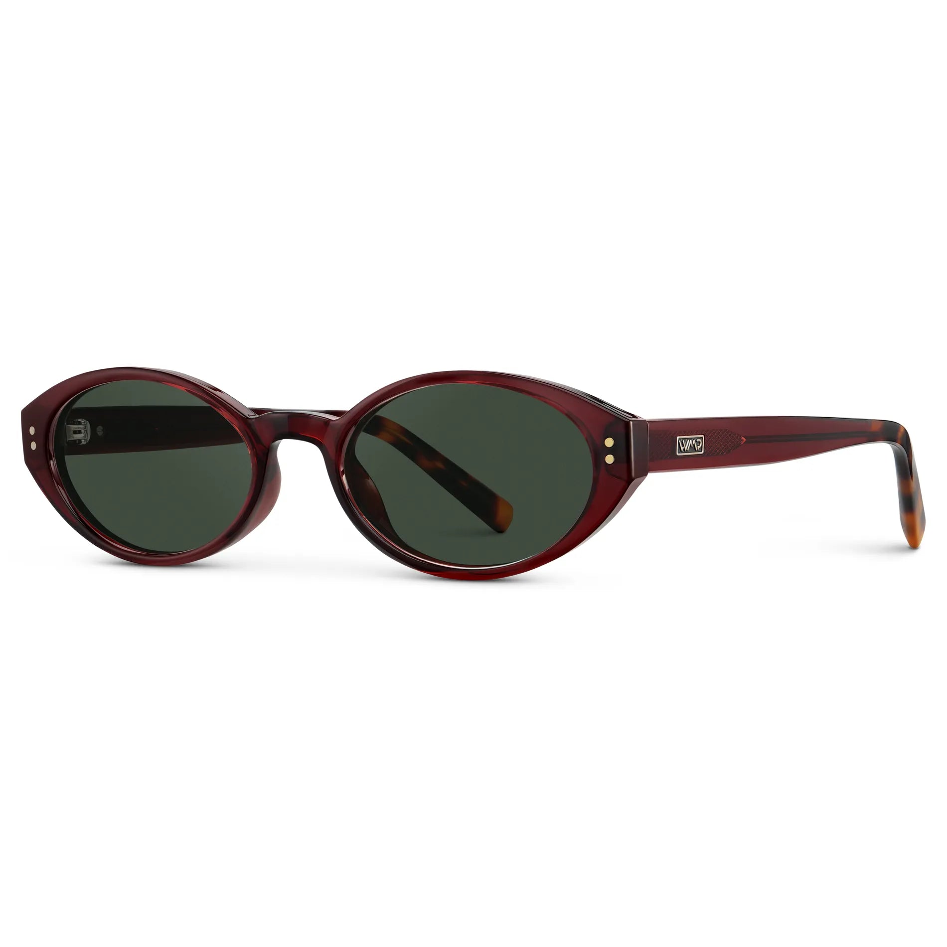 Red Garnet / G15 || Side view of Women's Elongated Oval Prescription Sunglasses with Red Garnet Frame and Green Lens on a white background