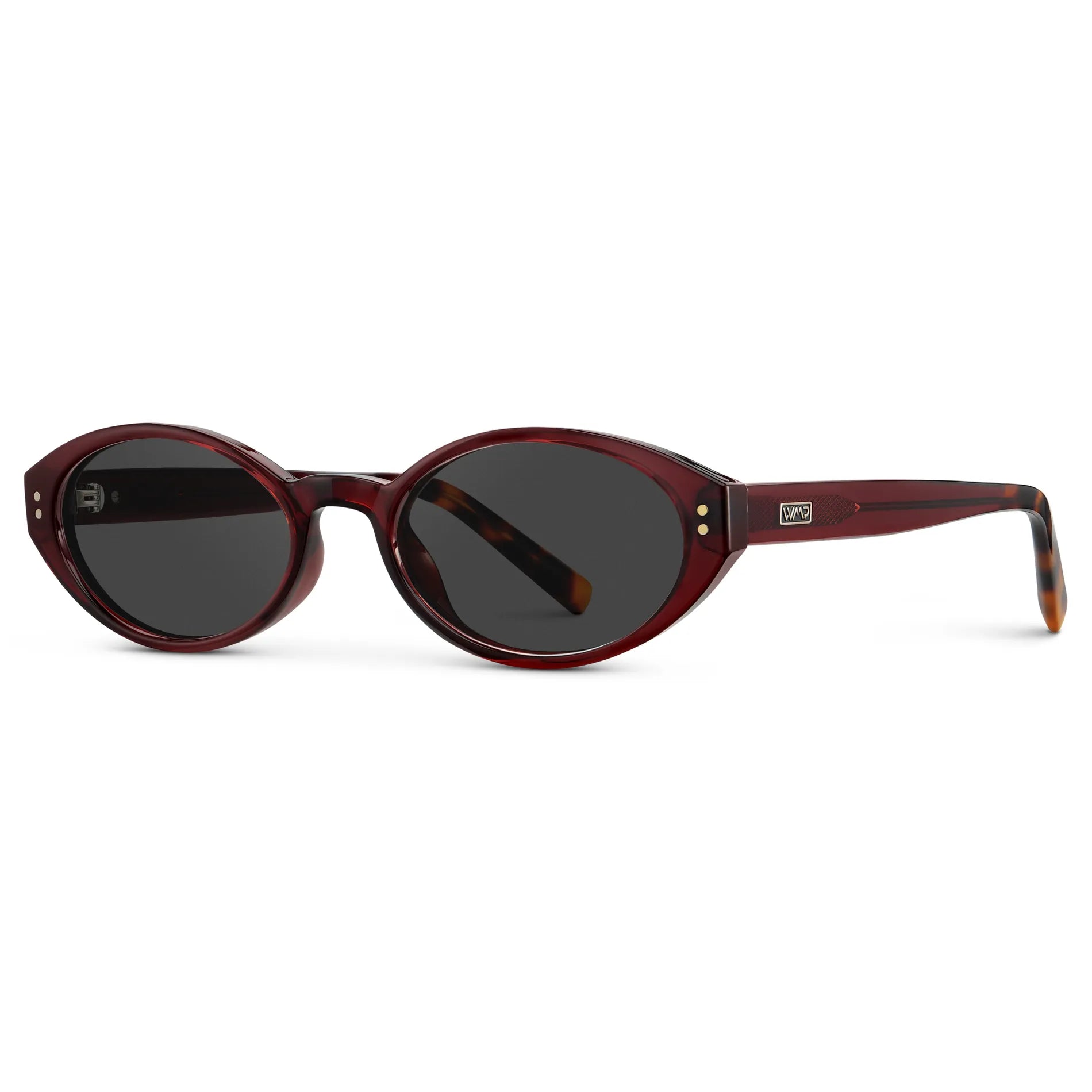Red Garnet / Grey || Side view of Women's Elongated Oval Prescription Sunglasses with Red Garnet Frame and Grey Lens on a white background