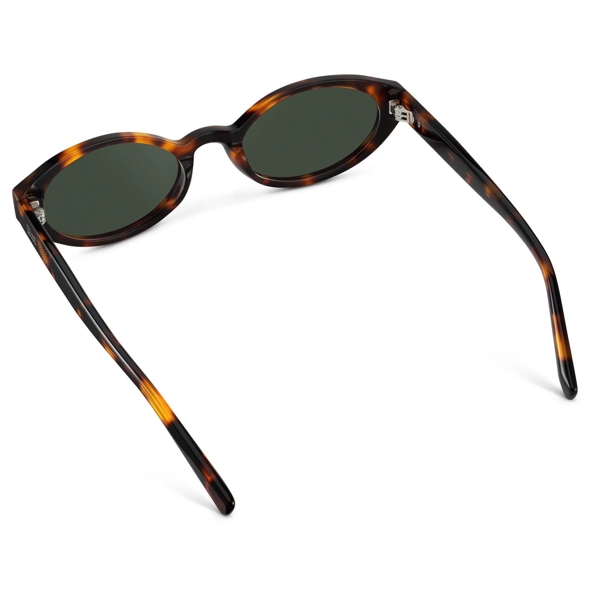 Brown Tortoise / G15 || Back view of Women's Elongated Oval Prescription Sunglasses with Brown Tortoise Frame and Green Lens on a white background