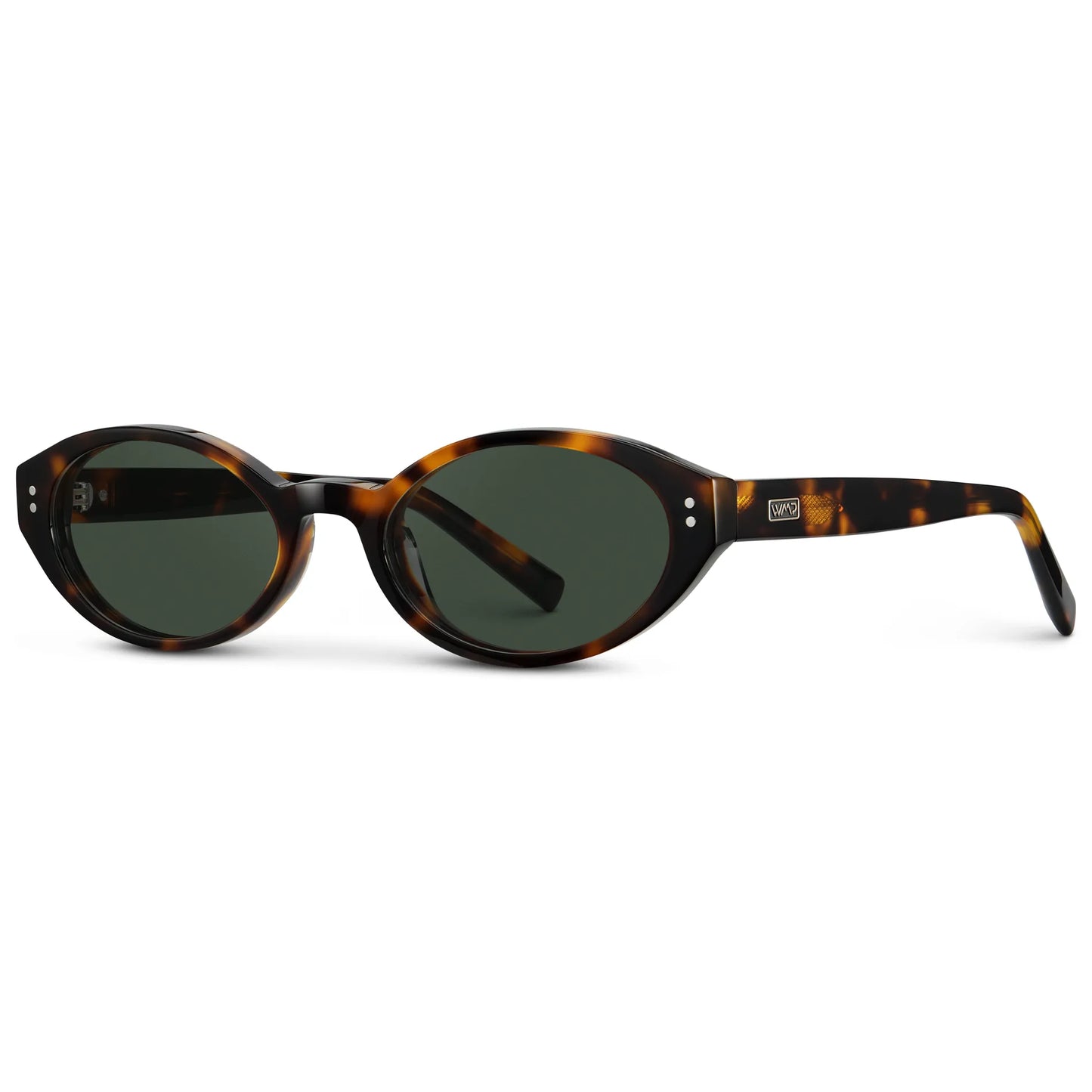 Brown Tortoise / G15 || Side view of Women's Elongated Oval Prescription Sunglasses with Brown Tortoise Frame and Green Lens on a white background