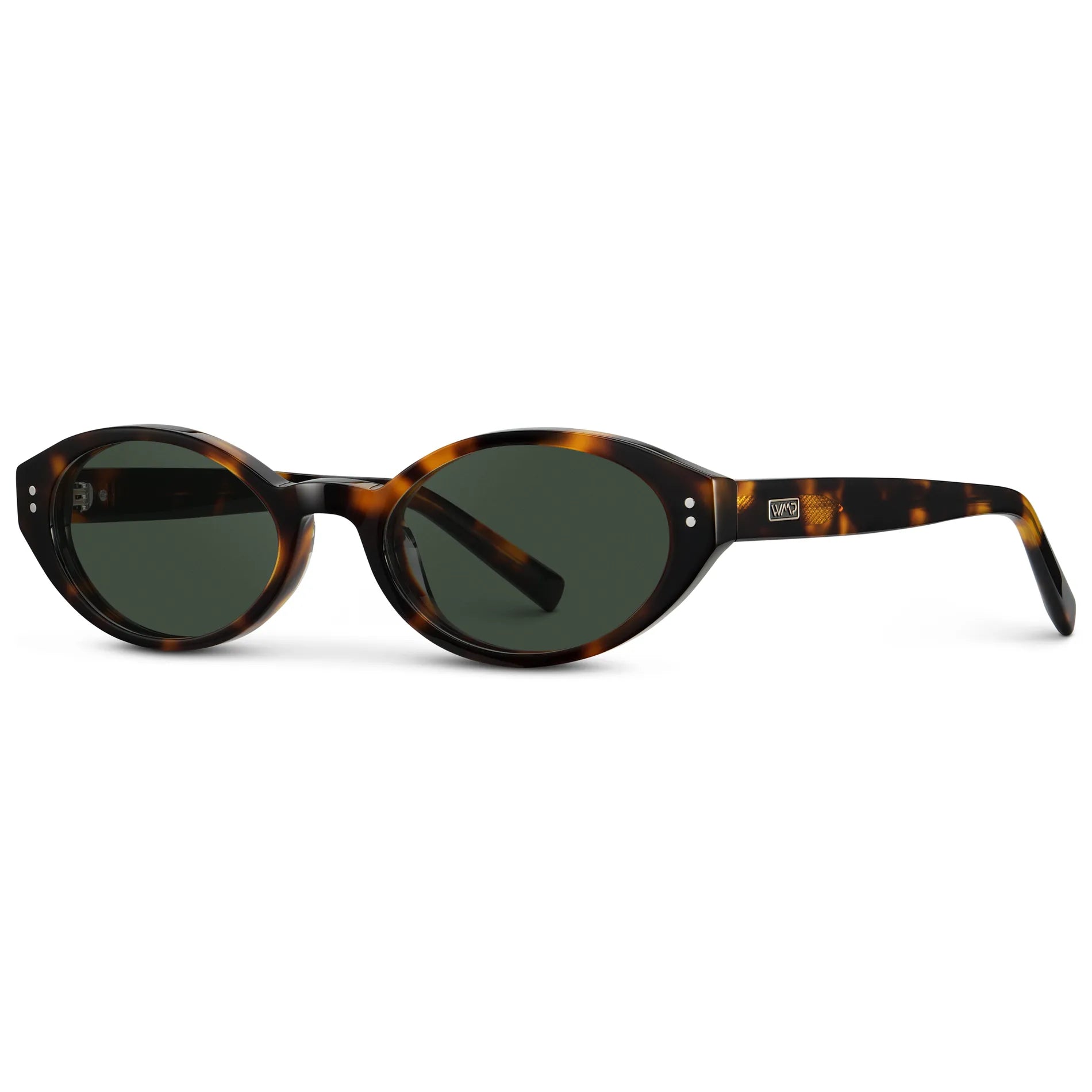 Brown Tortoise / G15 || Side view of Women's Elongated Oval Prescription Sunglasses with Brown Tortoise Frame and Green Lens on a white background