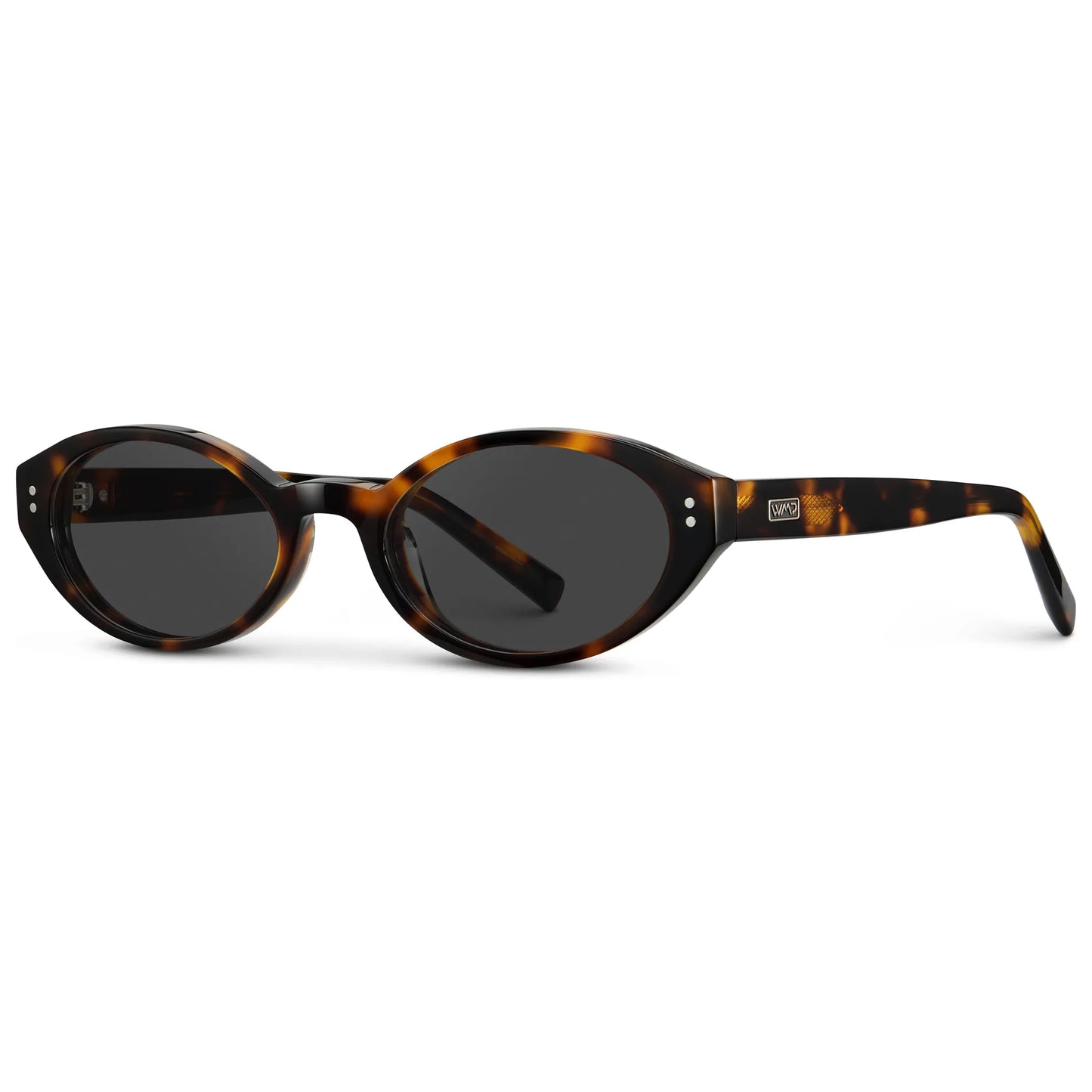 Brown Tortoise / Grey || Side view of Women's Elongated Oval Prescription Sunglasses with Brown Tortoise Frame and Grey Lens on a white background