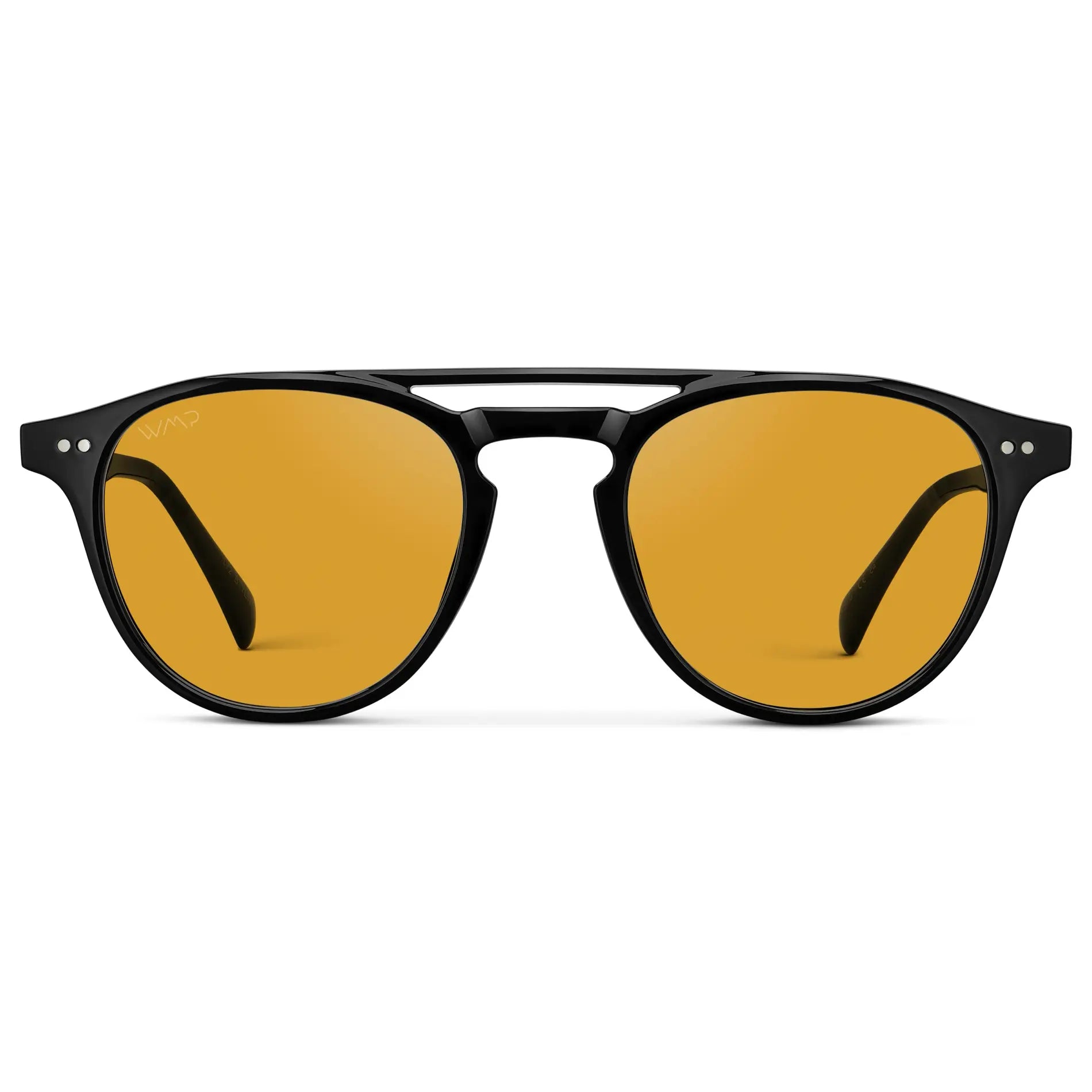 Black / Yellow Tinted Lens || Front view of Double Bridge Round Men's Sunglasses with Black Frame and Yellow Tinted Lens on a white background