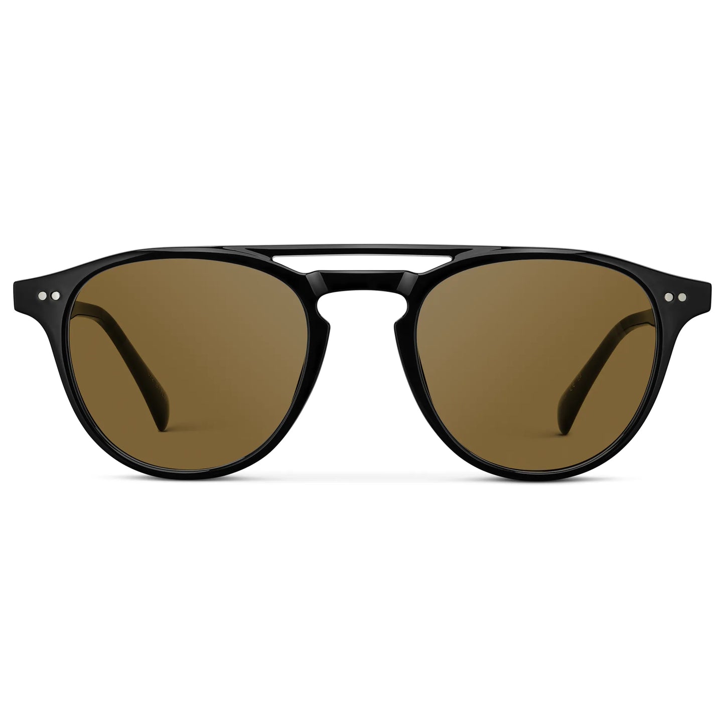 Black / Amber || Front view of Men's Double Bridge Round Prescription Sunglasses with Black Acetate Frame and Brown Lenses on a white background