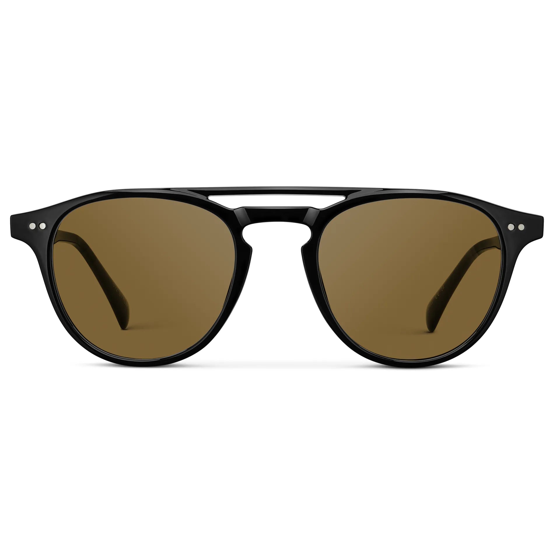 Black / Amber || Front view of Men's Double Bridge Round Prescription Sunglasses with Black Acetate Frame and Brown Lenses on a white background