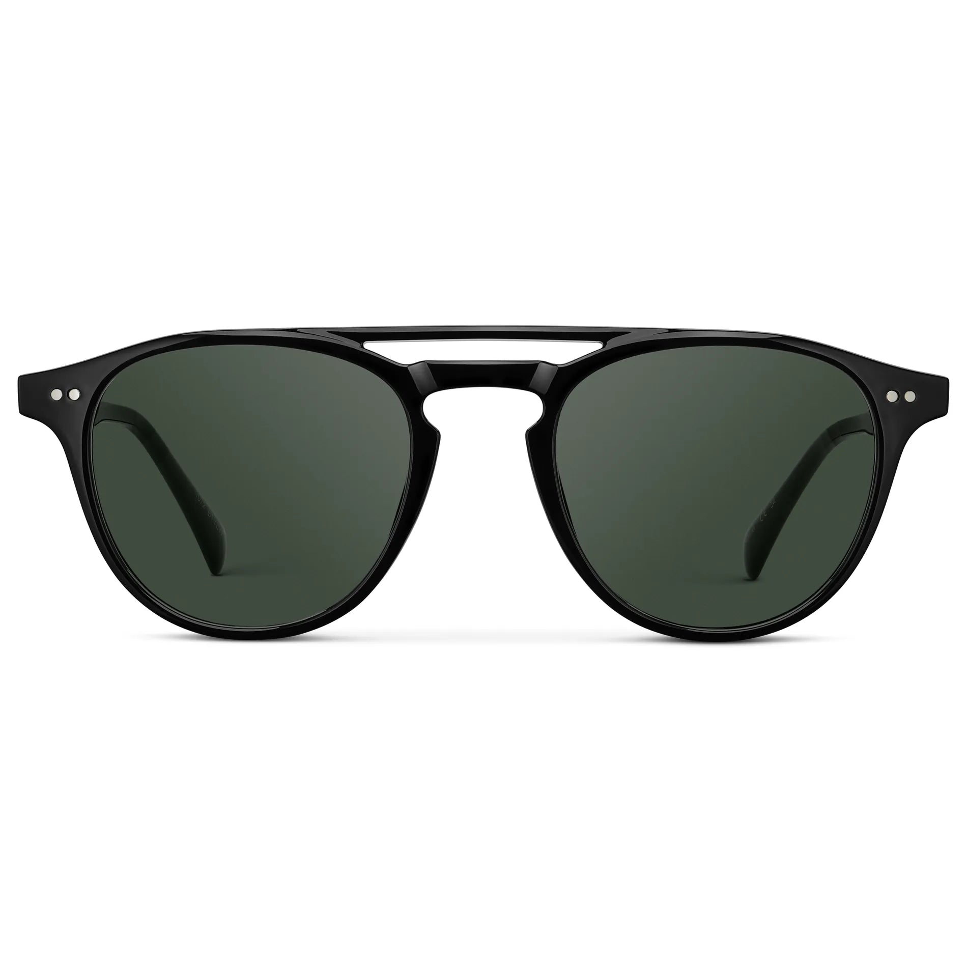 Black / G15 || Front view of Men's Double Bridge Round Prescription Sunglasses with Black Acetate Frame and Green Lenses on a white background