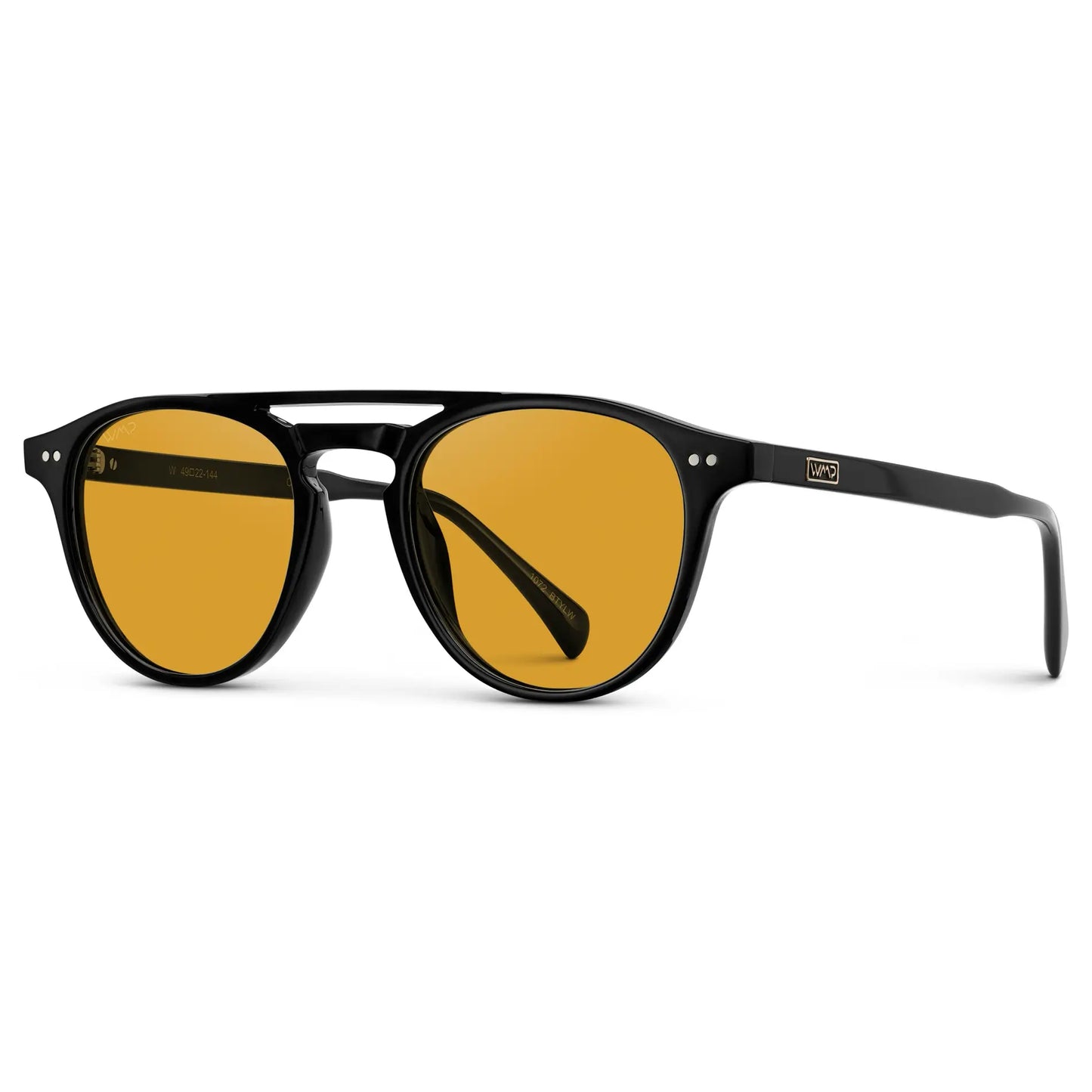 Black / Yellow Tinted Lens || Side view of Double Bridge Round Men's Sunglasses with Black Frame and Yellow Tinted Lens on a white background