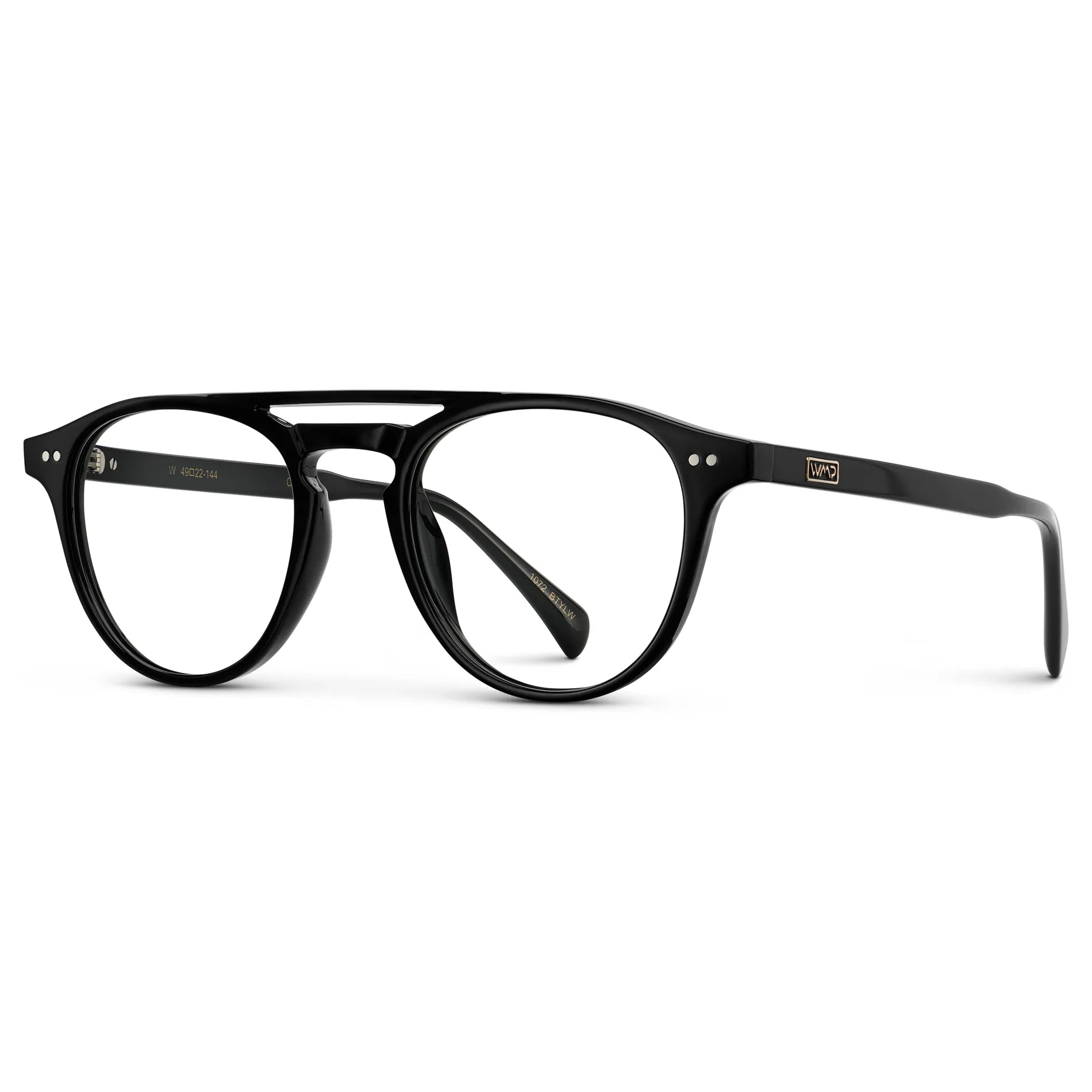 Black || Side view of Men's Double Bridge Round Prescription Eyeglasses with Black Frame and Clear Lenses on a white background