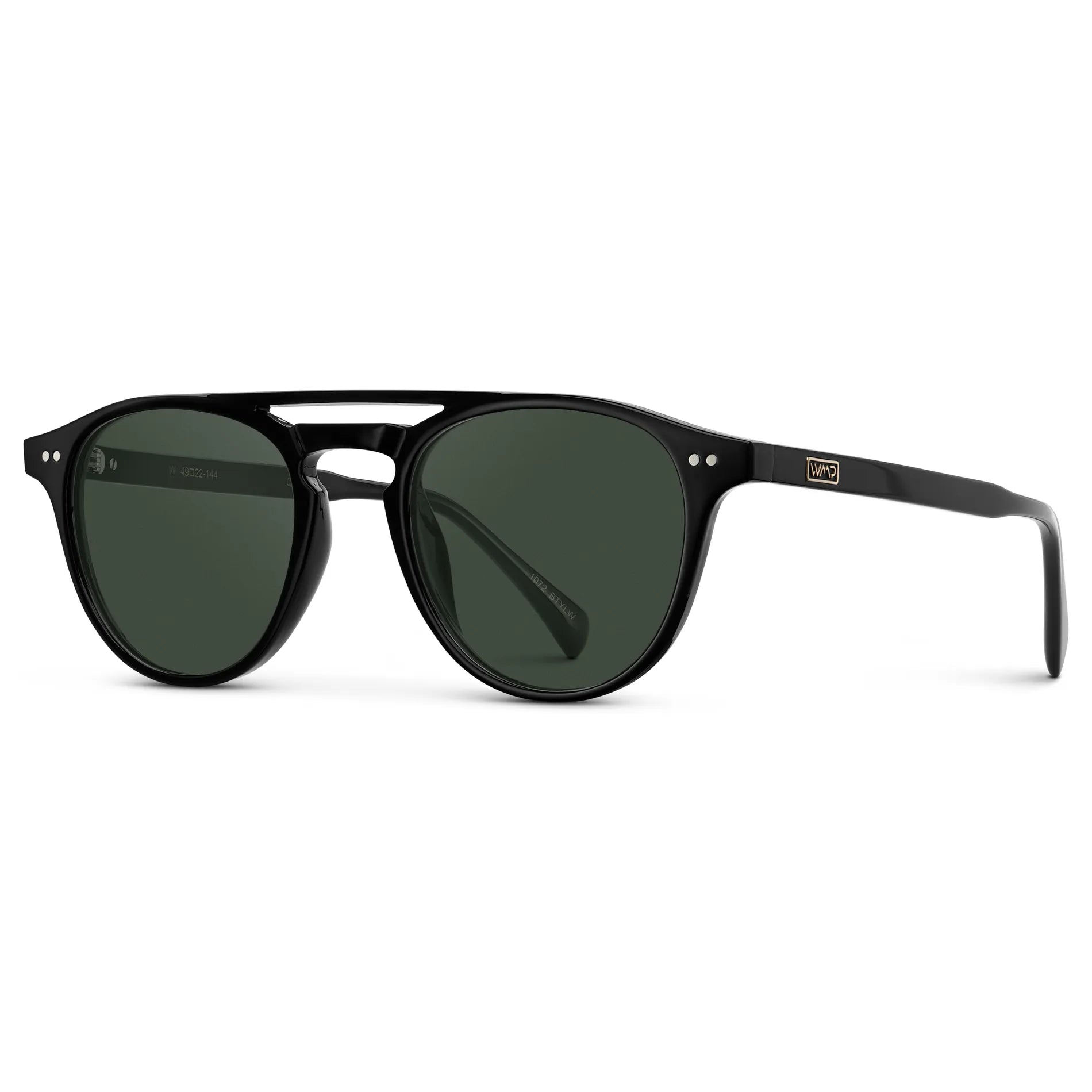 Black / G15 || Side view of Men's Double Bridge Round Prescription Sunglasses with Black Acetate Frame and Green Lenses on a white background