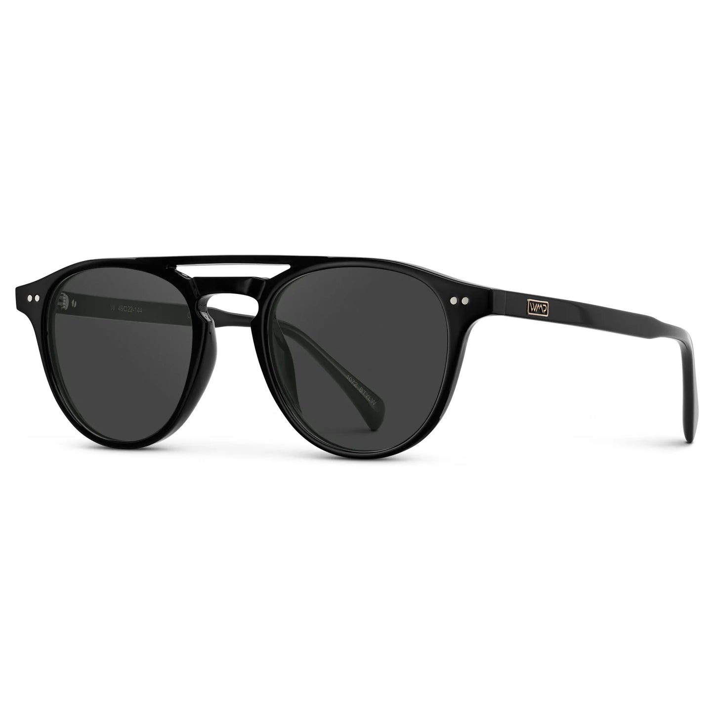 Black / Grey || Side view of Men's Double Bridge Round Prescription Sunglasses with Black Acetate Frame and Grey Lenses on a white background
