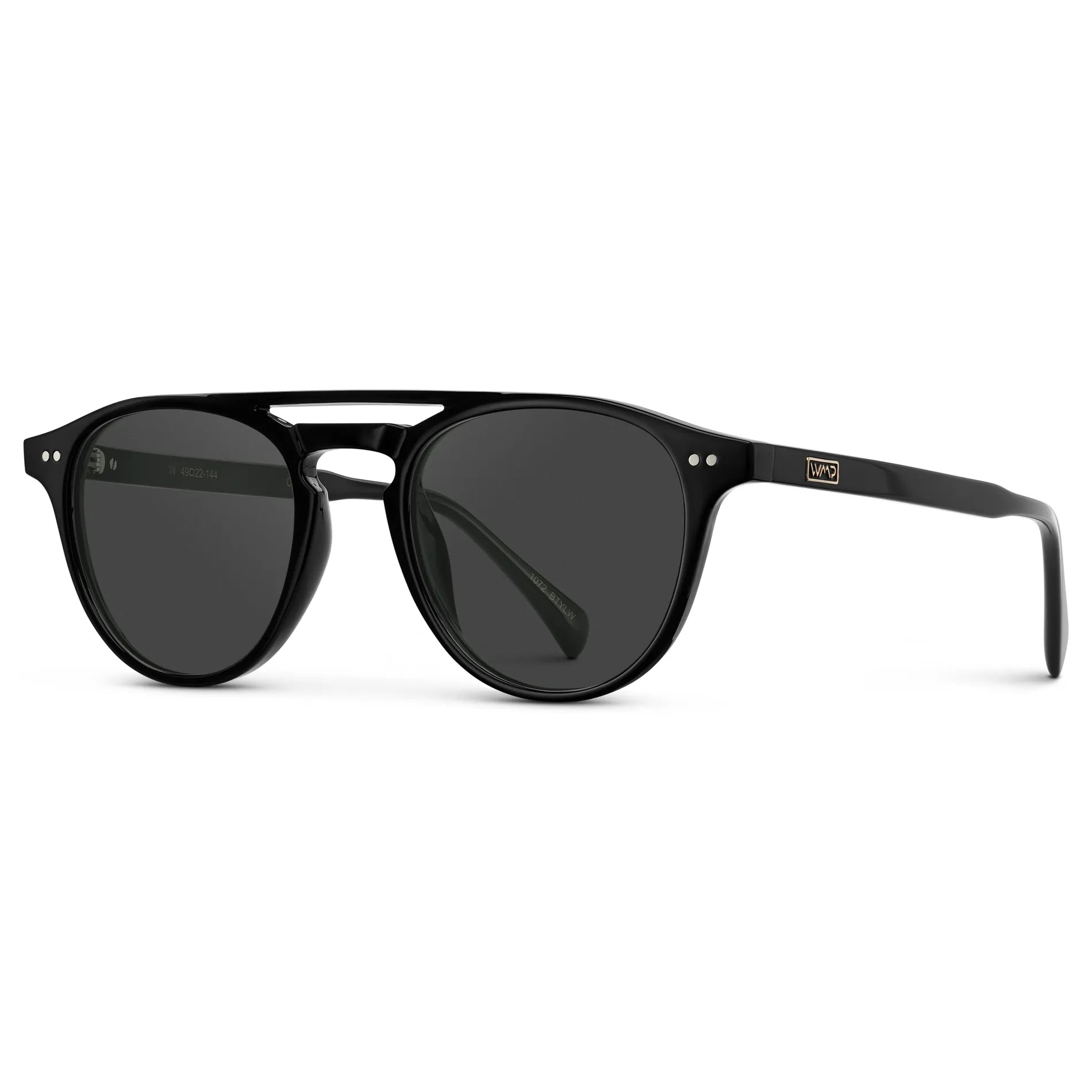 Black / Grey || Side view of Men's Double Bridge Round Prescription Sunglasses with Black Acetate Frame and Grey Lenses on a white background
