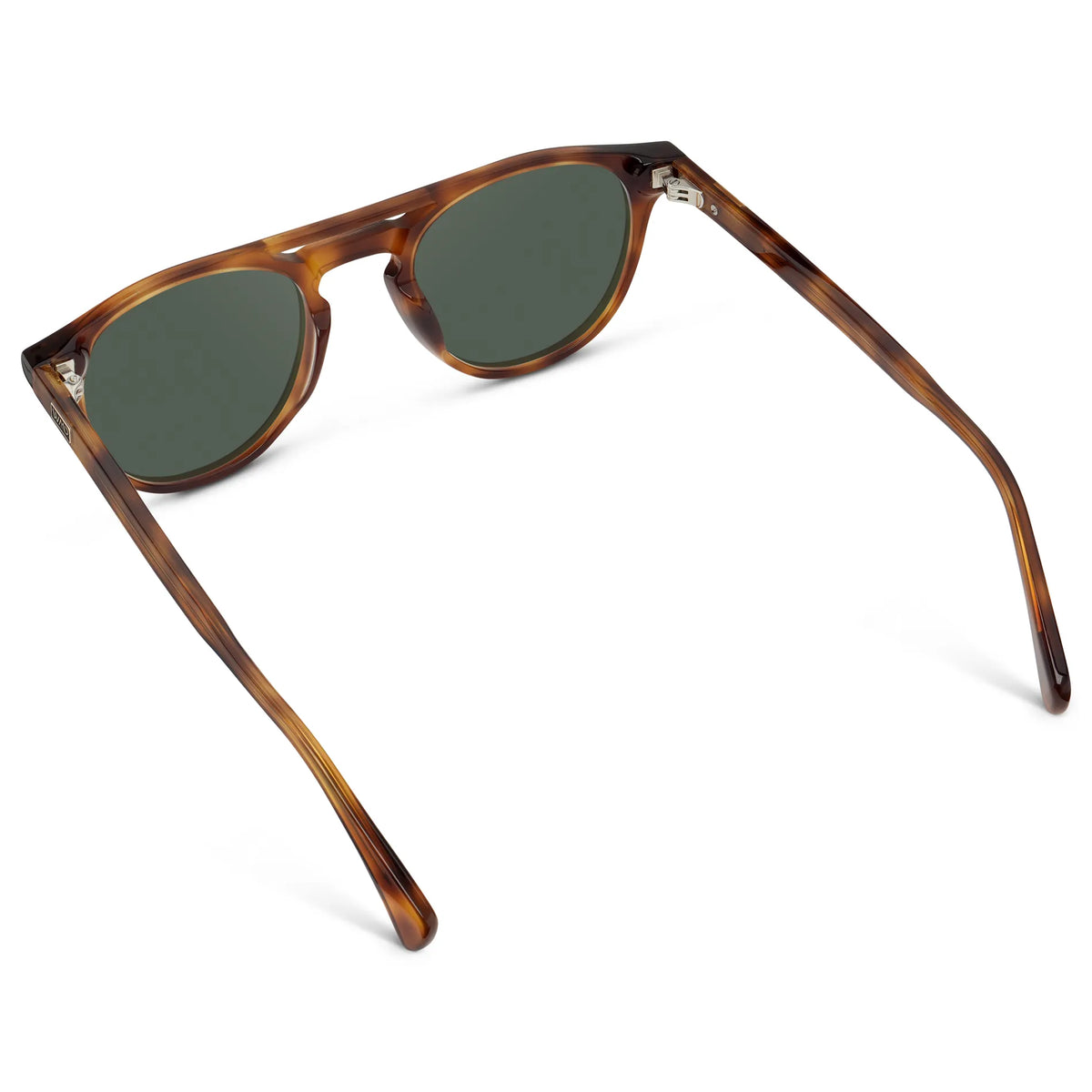 Saddlewood Tortoise / G15 || Back view of Men's Round Prescription Sunglasses with Saddlewood Tortoise Frame and Green Lenses on a white background