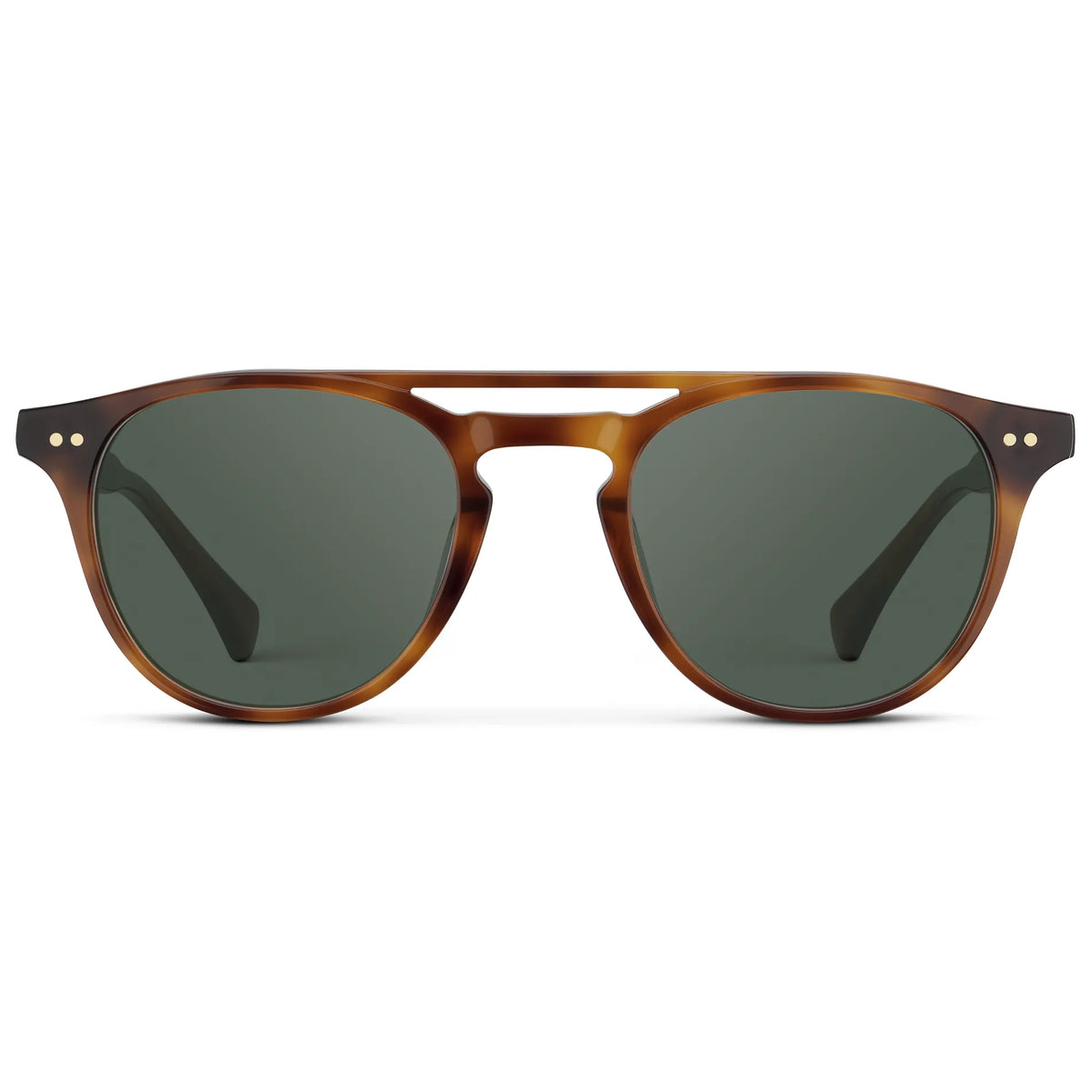 Saddlewood Tortoise / G15 || Front view of Men's Round Prescription Sunglasses with Saddlewood Tortoise Frame and Green Lenses on a white background