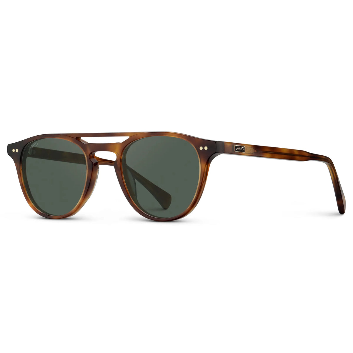 Saddlewood Tortoise / G15 || Side view of Men's Round Prescription Sunglasses with Saddlewood Tortoise Frame and Green Lenses on a white background