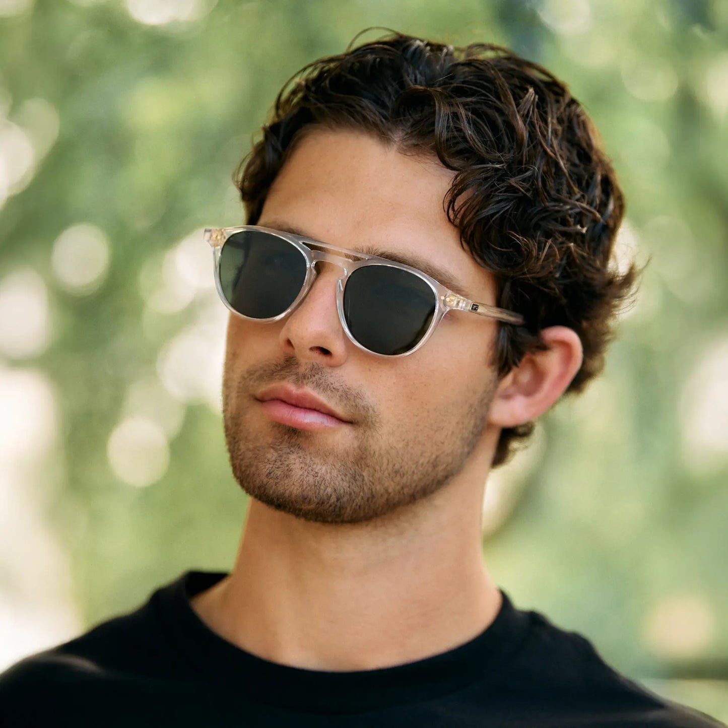 Clear / Smoke Green Lens || Clear Round Frame Sunglasses with Green Polarized Lenses