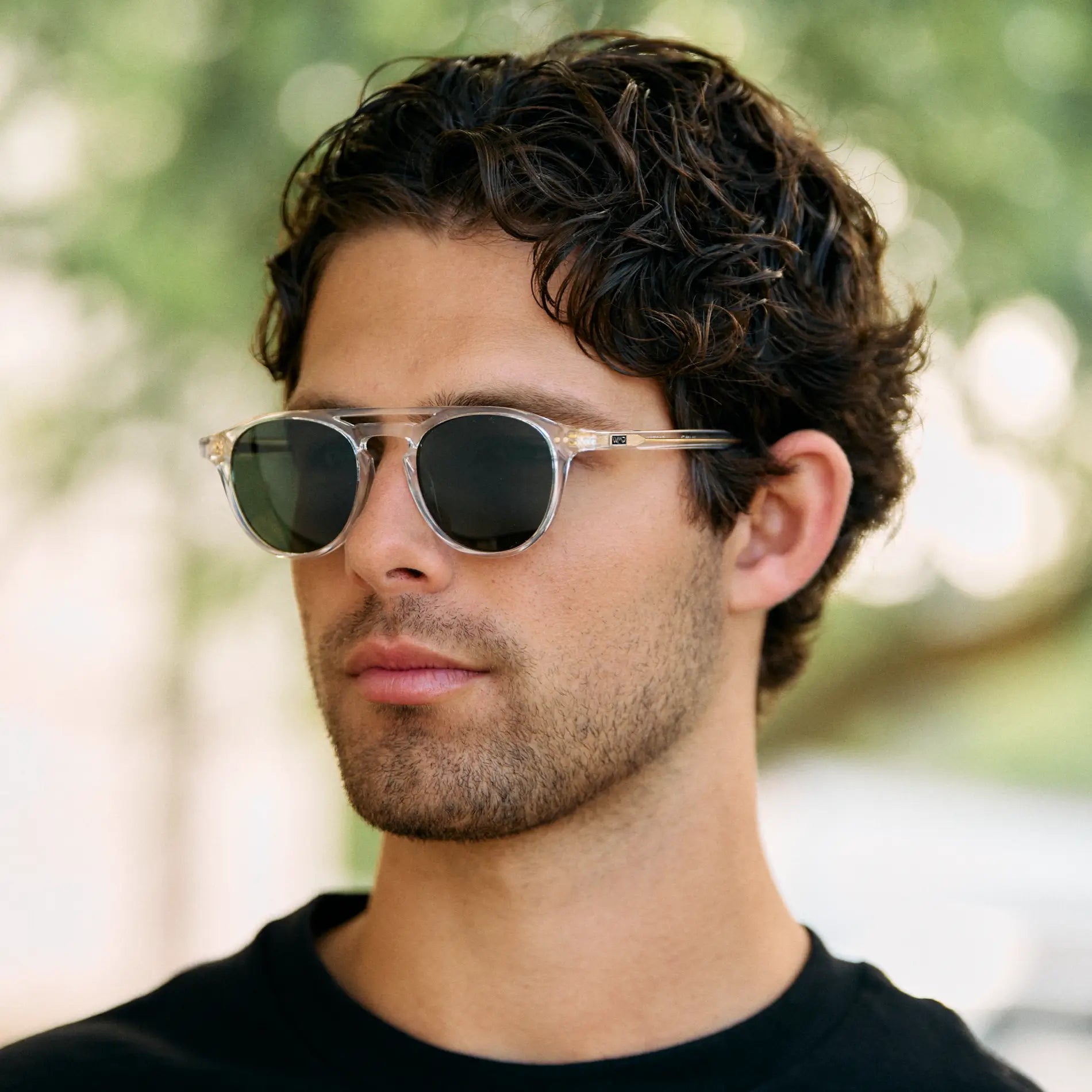 Clear / Smoke Green Lens || Clear Round Frame Sunglasses with Green Polarized Lenses