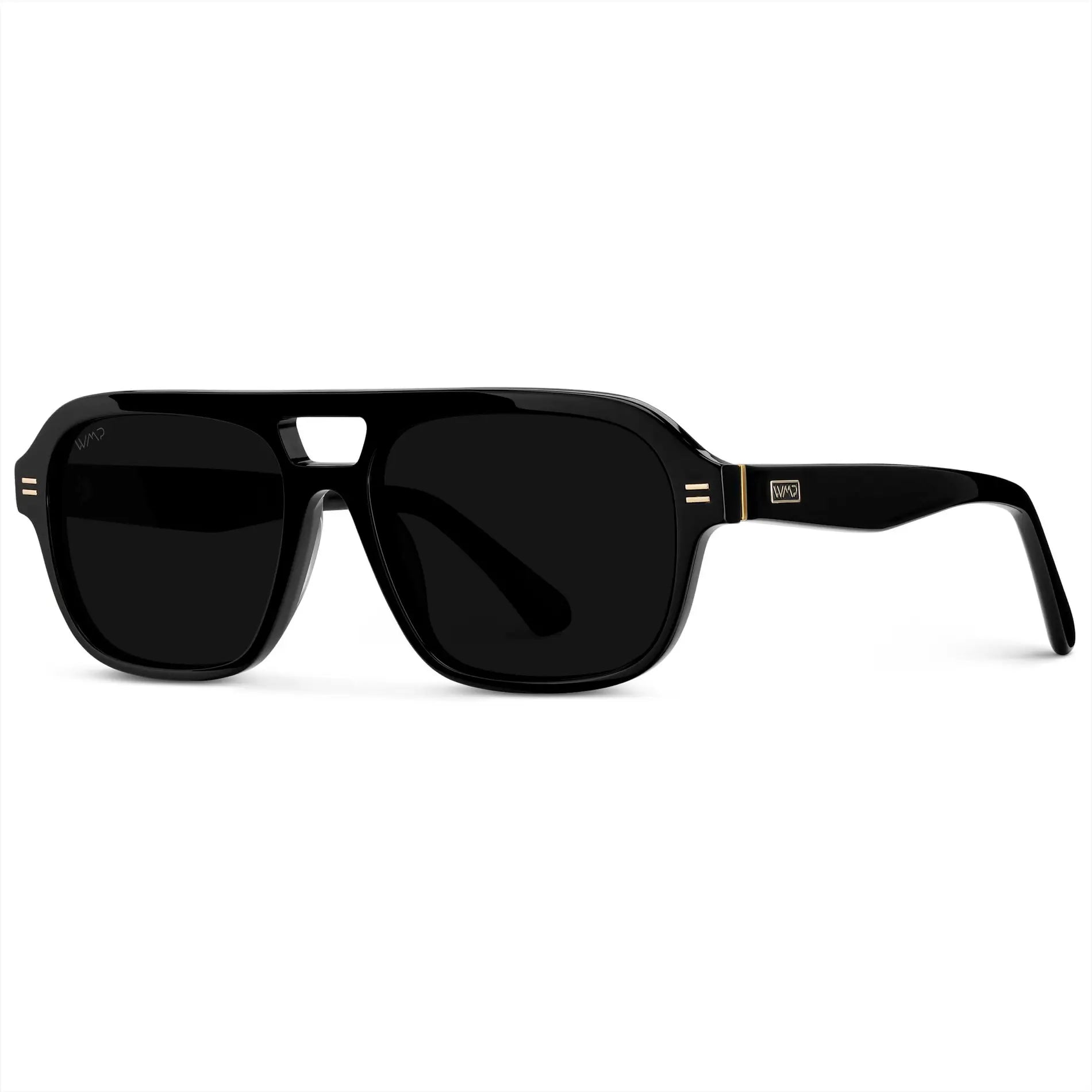 Black / Triple Black Lens || Women's Double Bridge Oversized Aviator Sunglasses with Black Acetate Frame and Triple Black Polarized Lens