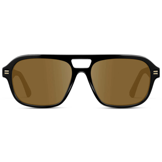 Black / Amber || Women's Double Bridge Oversized Aviator Prescription Sunglasses with Black Acetate Frame and Amber Lens