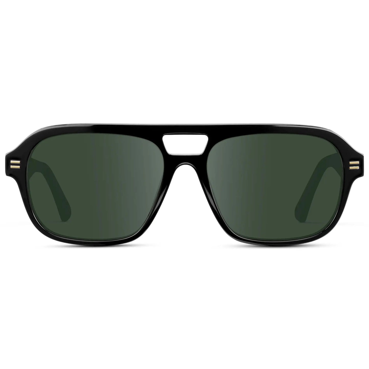 Black / G15 || Women's Double Bridge Oversized Aviator Prescription Sunglasses with Black Acetate Frame and Green Lens on a white background 