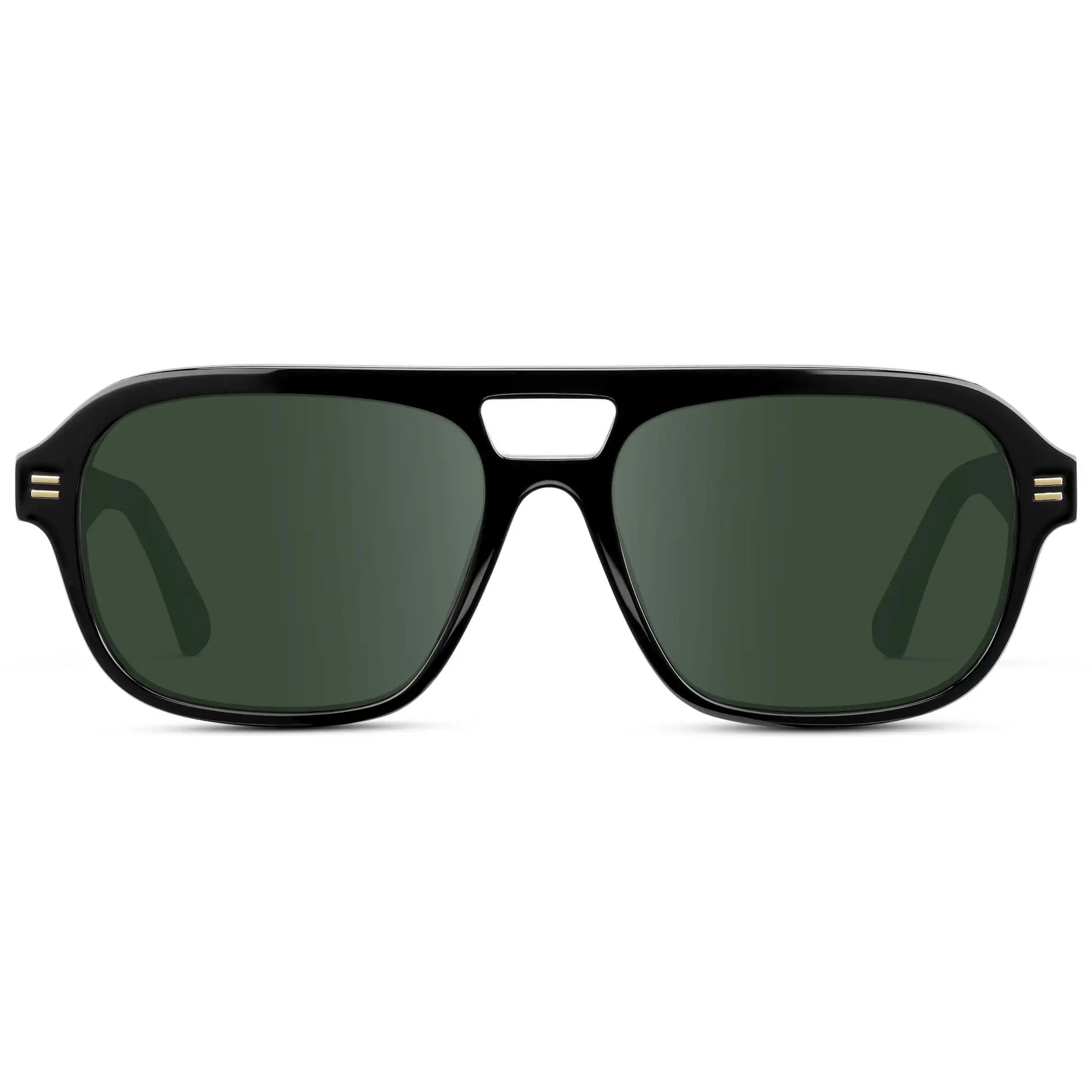 Black / G15 || Women's Double Bridge Oversized Aviator Prescription Sunglasses with Black Acetate Frame and Green Lens on a white background 