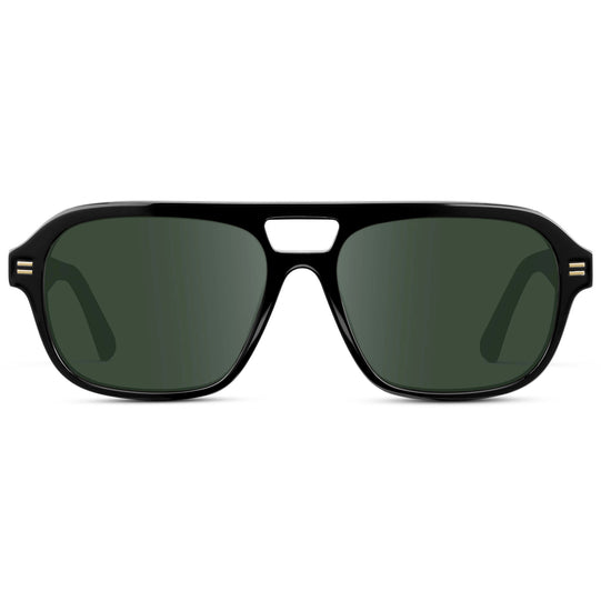 Black / G15 || Women's Double Bridge Oversized Aviator Prescription Sunglasses with Black Acetate Frame and Green Lens
