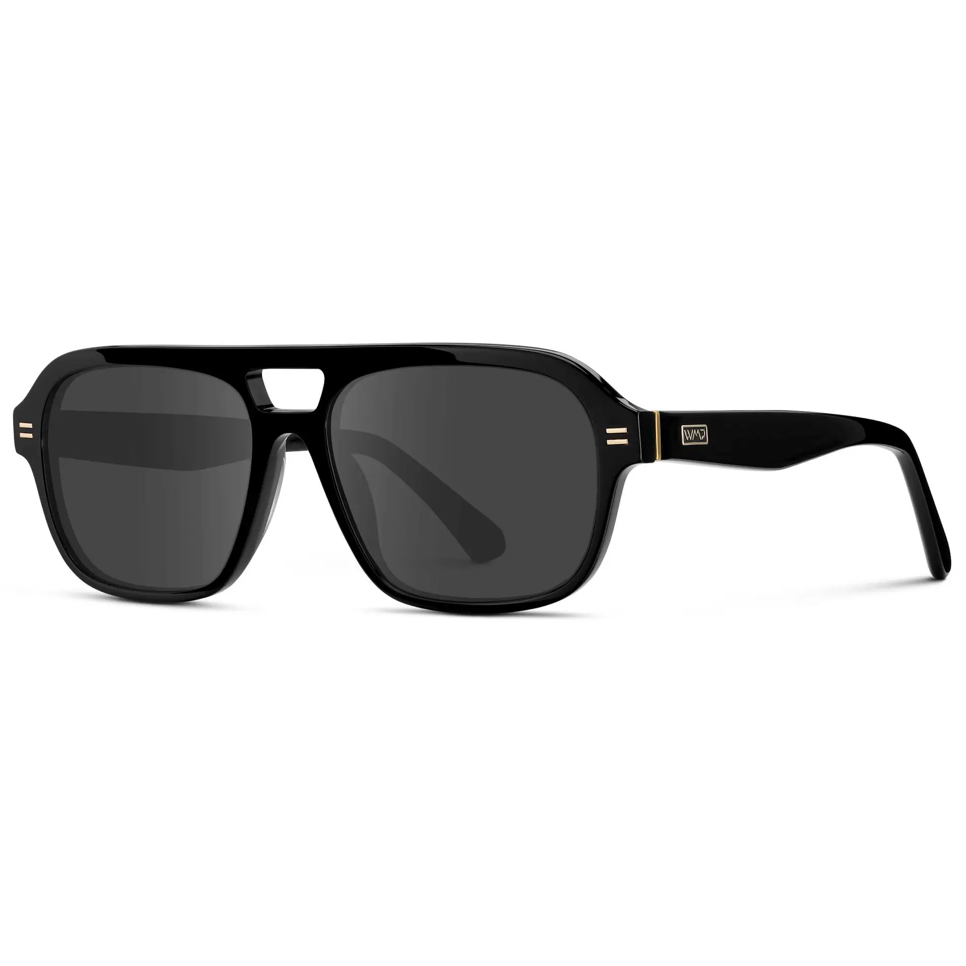 Black / Grey || Side view of Women's Double Bridge Oversized Aviator Prescription Sunglasses with Black Acetate Frame and Grey Lens on a white background 