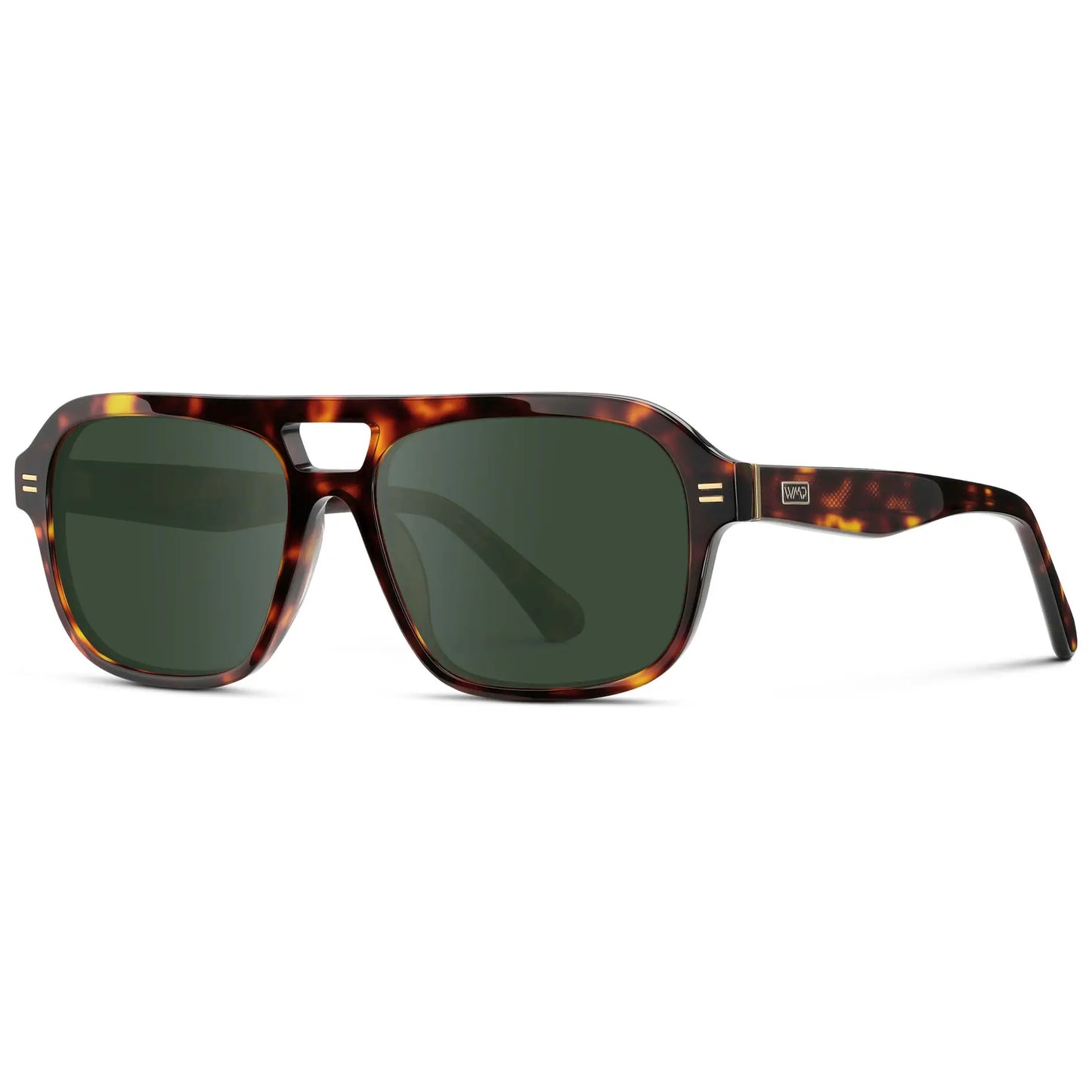 Ruby Tortoise / G15 || Side view of Women's Double Bridge Oversized Aviator Prescription Sunglasses with Ruby Tortoise Acetate Frame and Green Lens on a white background