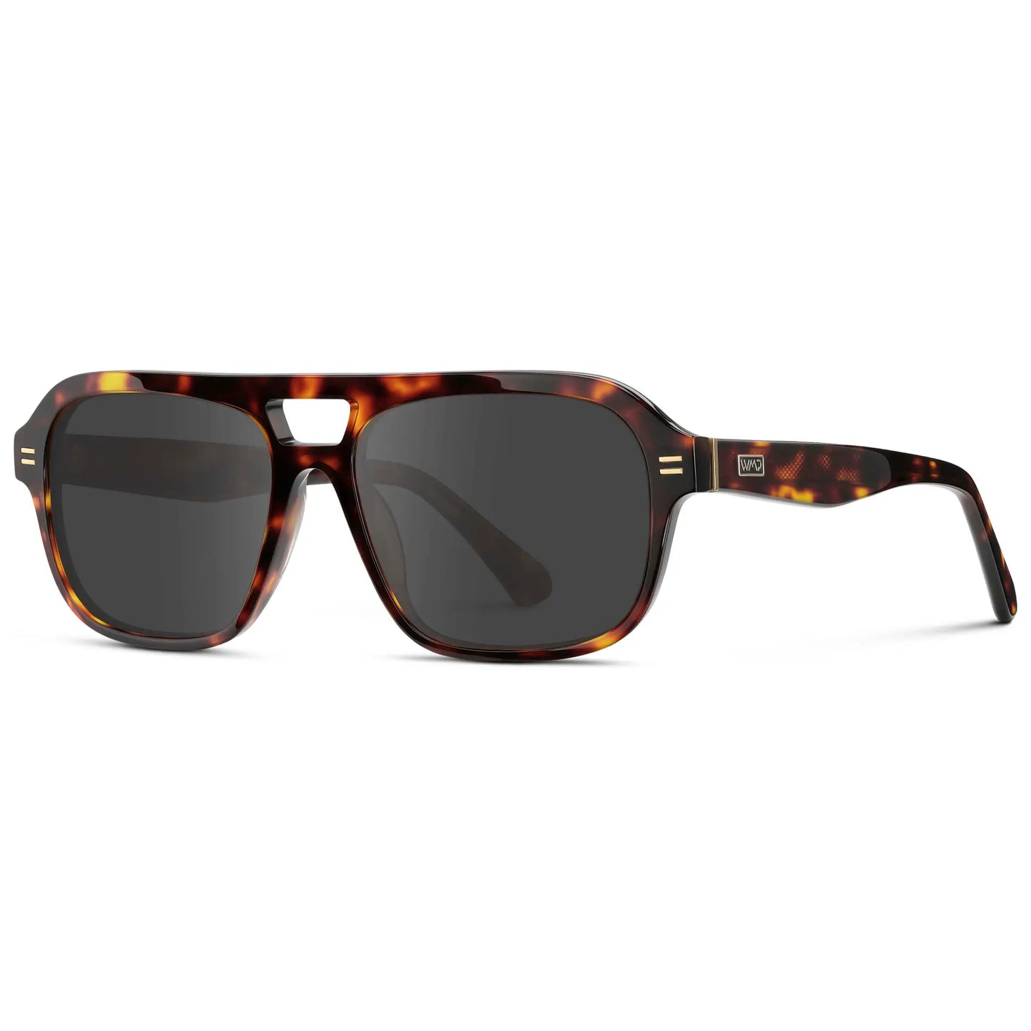 Ruby Tortoise / Grey || Side view of Women's Double Bridge Oversized Aviator Prescription Sunglasses with Ruby Tortoise Acetate Frame and Grey Lens on a white background