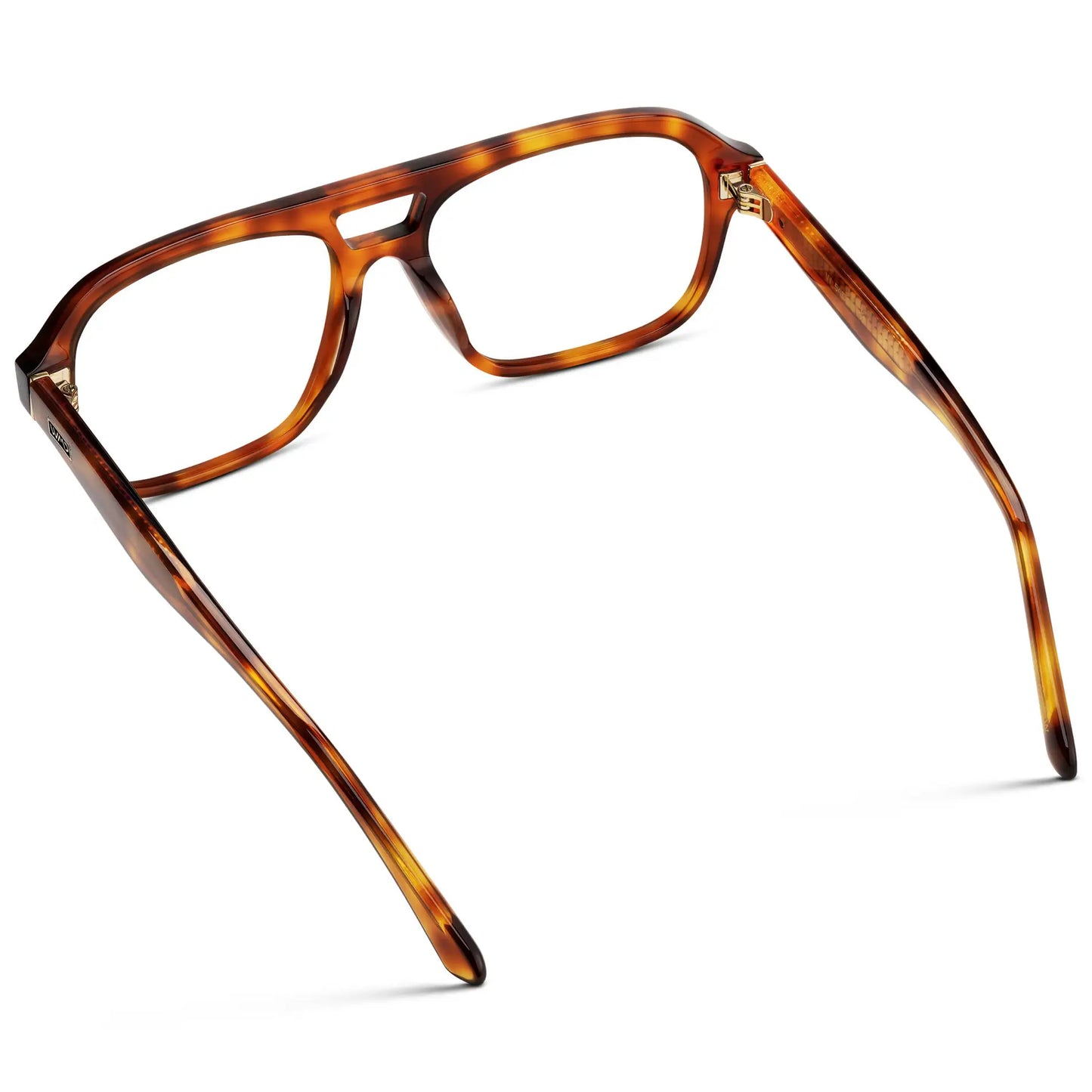 Saddlewood Tortoise || Back view of Women's Double Bridge Oversized Aviator Eyeglasses with Saddlewood Tortoise Acetate Frame and Clear Prescription Lens on a white background