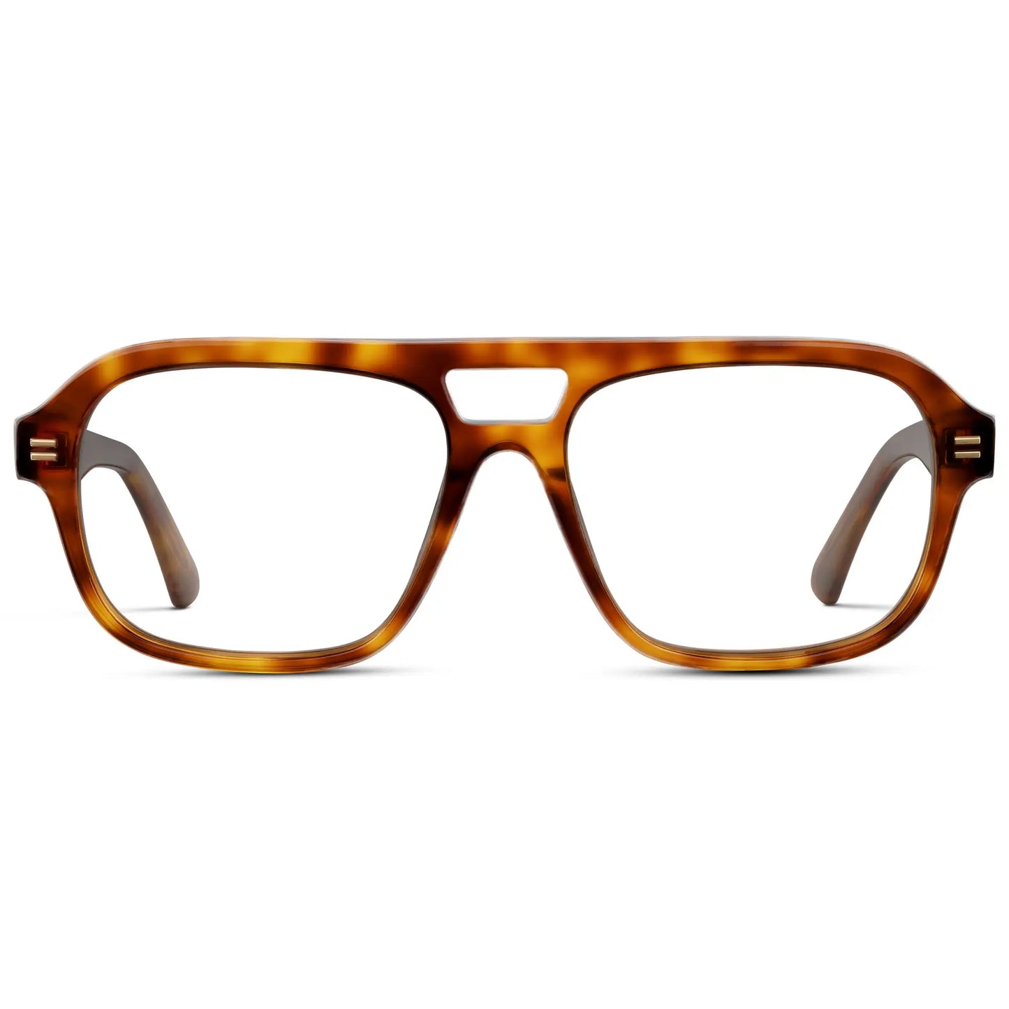 Saddlewood Tortoise || Women's Double Bridge Oversized Aviator Eyeglasses with Saddlewood Tortoise Acetate Frame and Clear Prescription Lens on a white background
