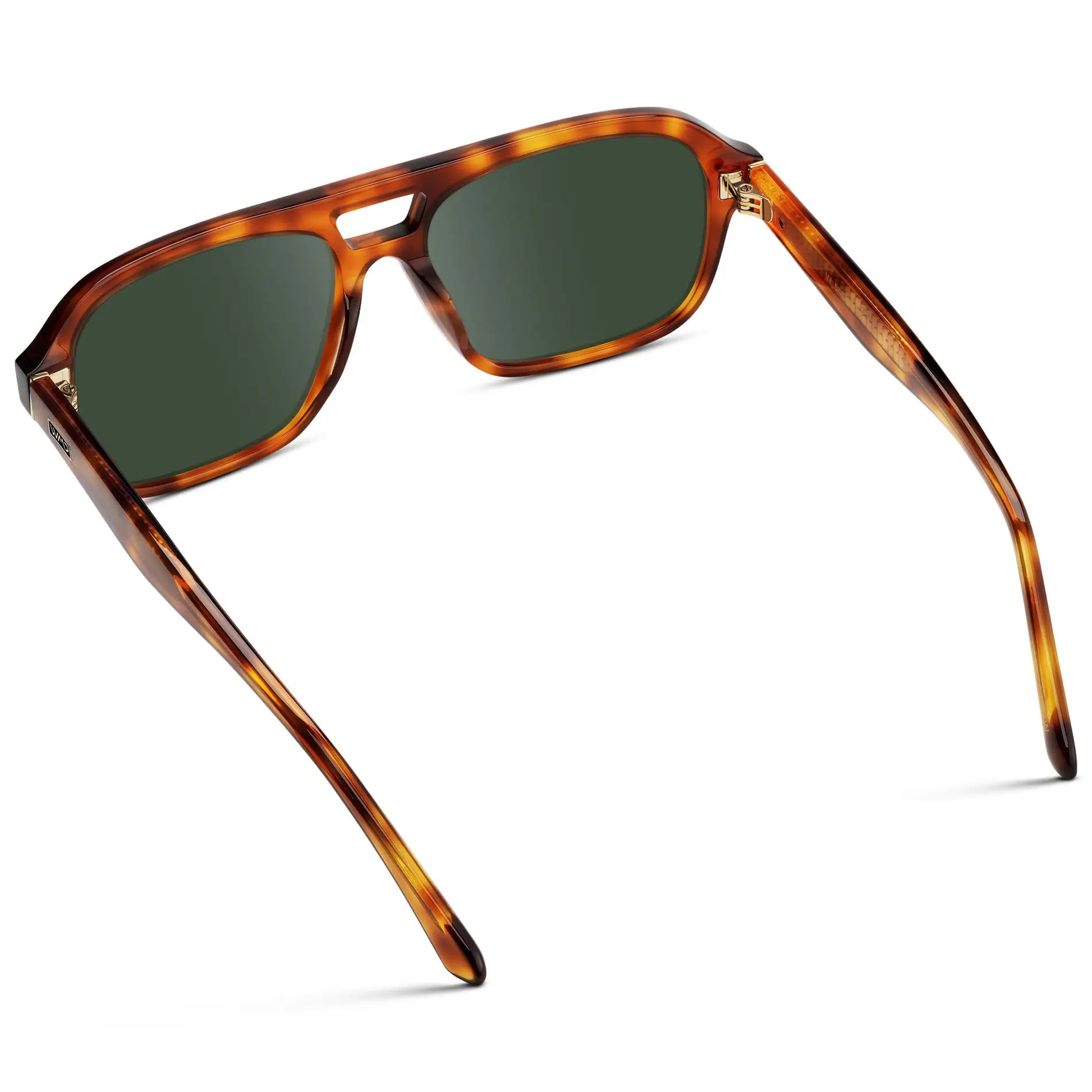 Saddlewood Tortoise / G15 || Back view of Women's Double Bridge Oversized Aviator Prescription Sunglasses with Ruby Tortoise Acetate Frame and Green Lens on a white background