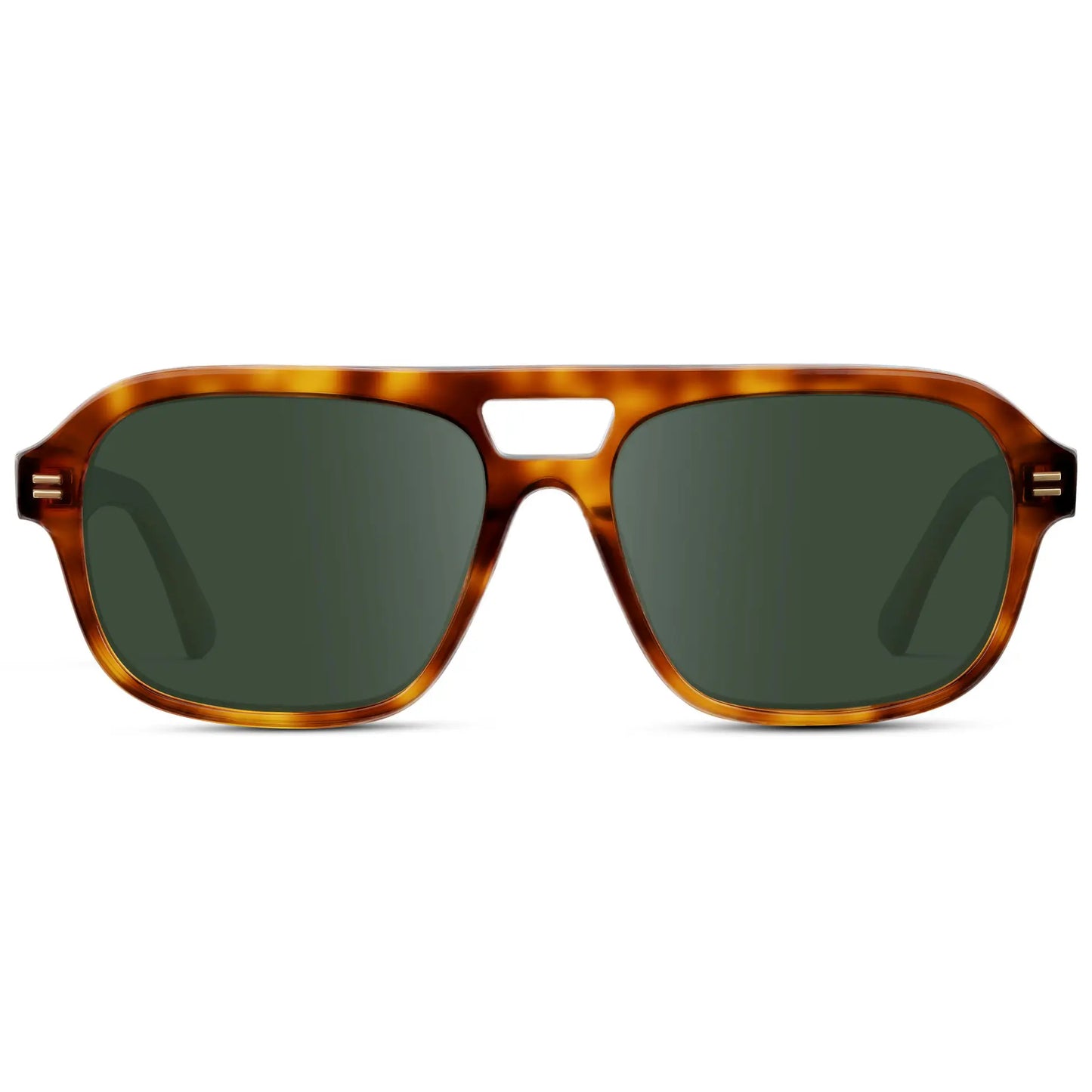 Saddlewood Tortoise / G15 || Women's Double Bridge Oversized Aviator Prescription Sunglasses with Ruby Tortoise Acetate Frame and Green Lens on a white background
