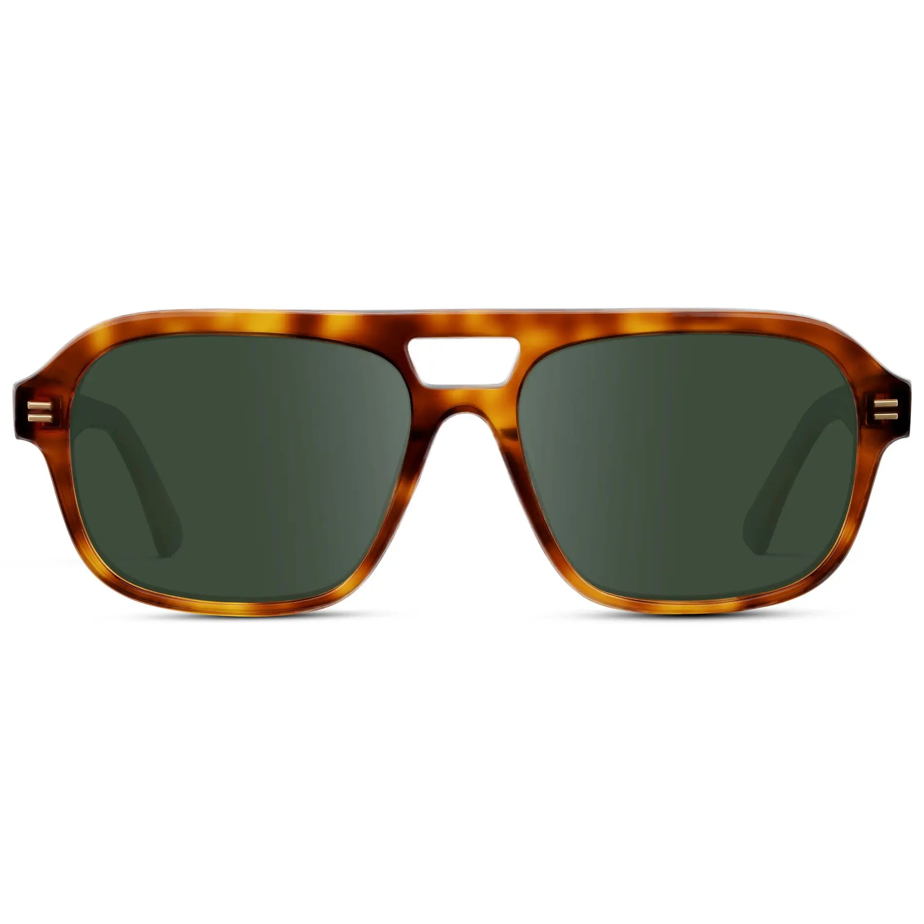 Saddlewood Tortoise / G15 || Women's Double Bridge Oversized Aviator Prescription Sunglasses with Ruby Tortoise Acetate Frame and Green Lens on a white background