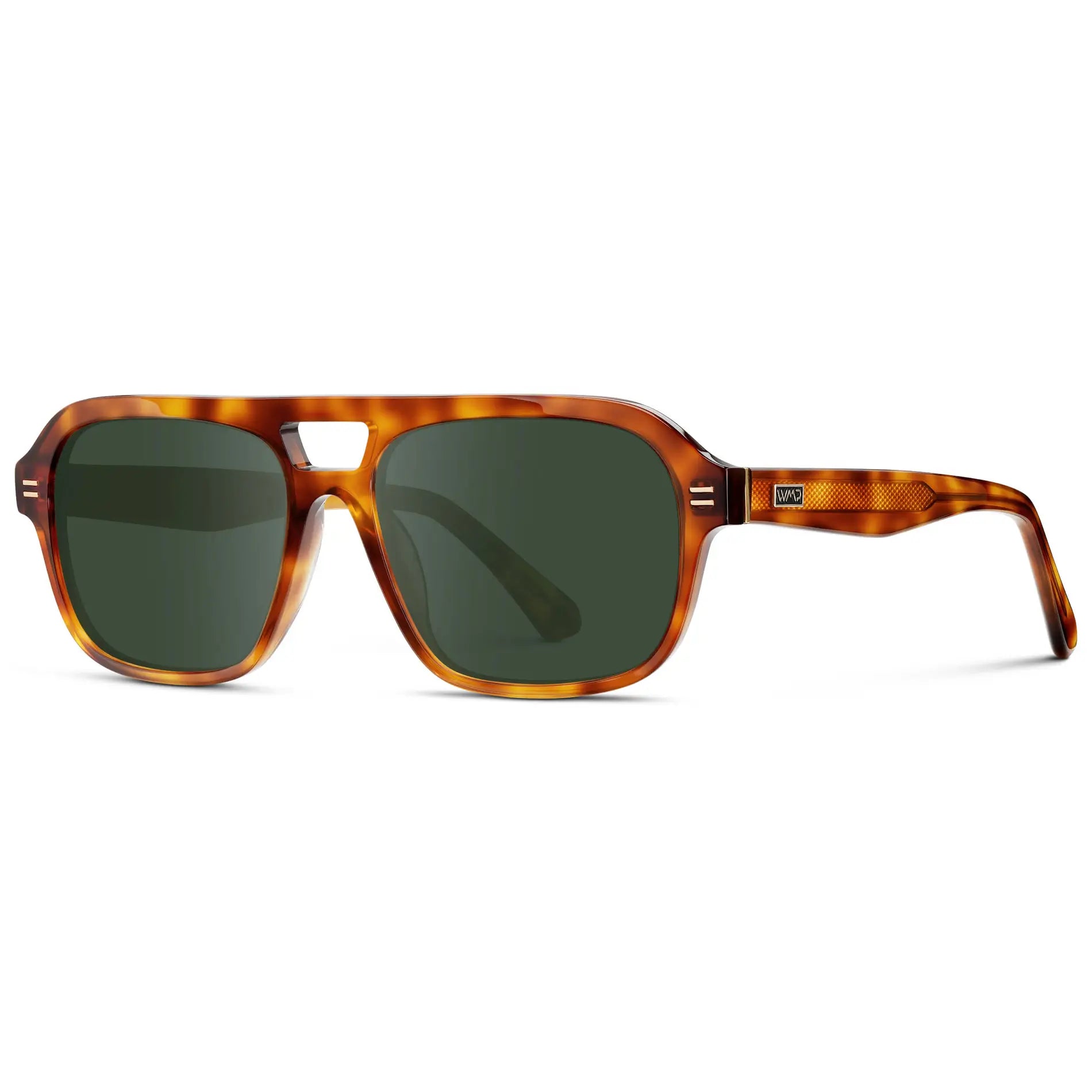 Saddlewood Tortoise / G15 || Women's Double Bridge Oversized Aviator Prescription Sunglasses with Ruby Tortoise Acetate Frame and Green Lens on a white background