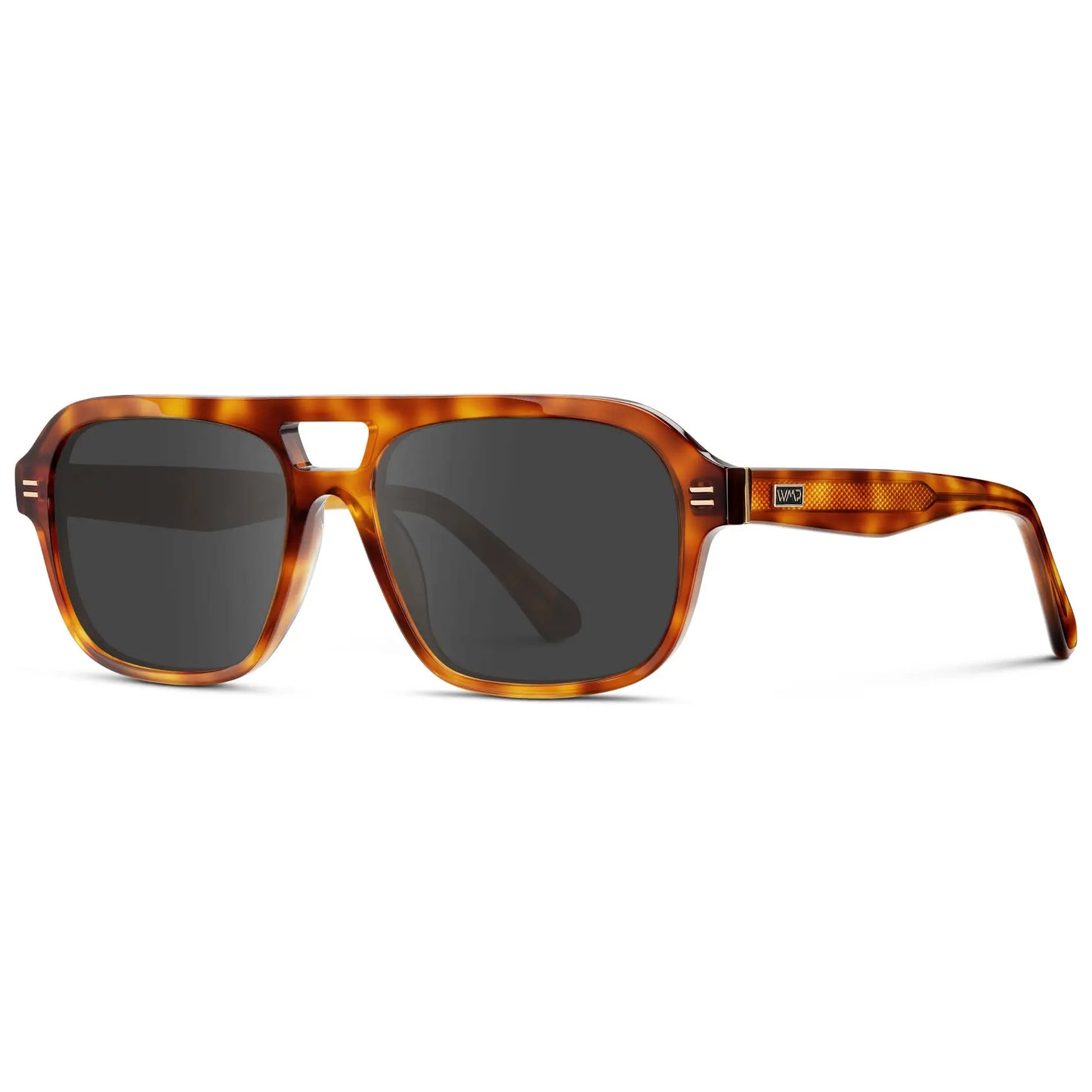 Saddlewood Tortoise / Grey || Side view of Women's Double Bridge Oversized Aviator Prescription Sunglasses with Ruby Tortoise Acetate Frame and Grey Lens on a white background