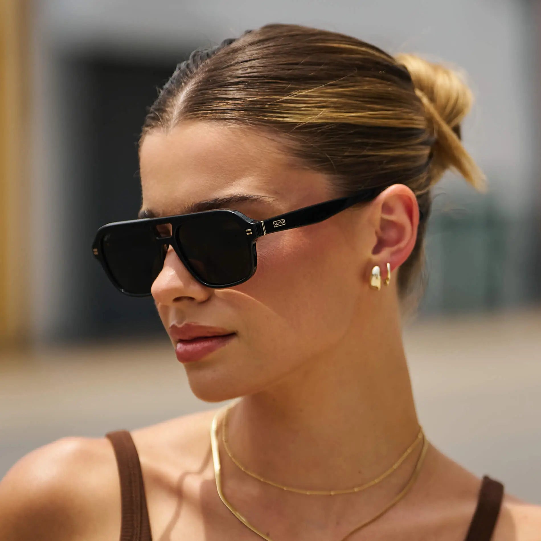 Black / Triple Black Lens || Women's Double Bridge Oversized Aviator Sunglasses with Black Acetate Frame and Triple Black Polarized Lens