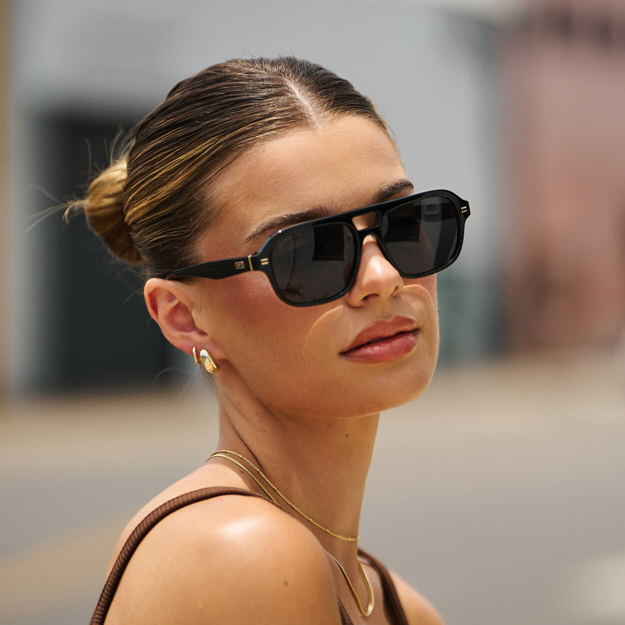 Black / Triple Black Lens || Women's Double Bridge Oversized Aviator Sunglasses with Black Acetate Frame and Triple Black Polarized Lens