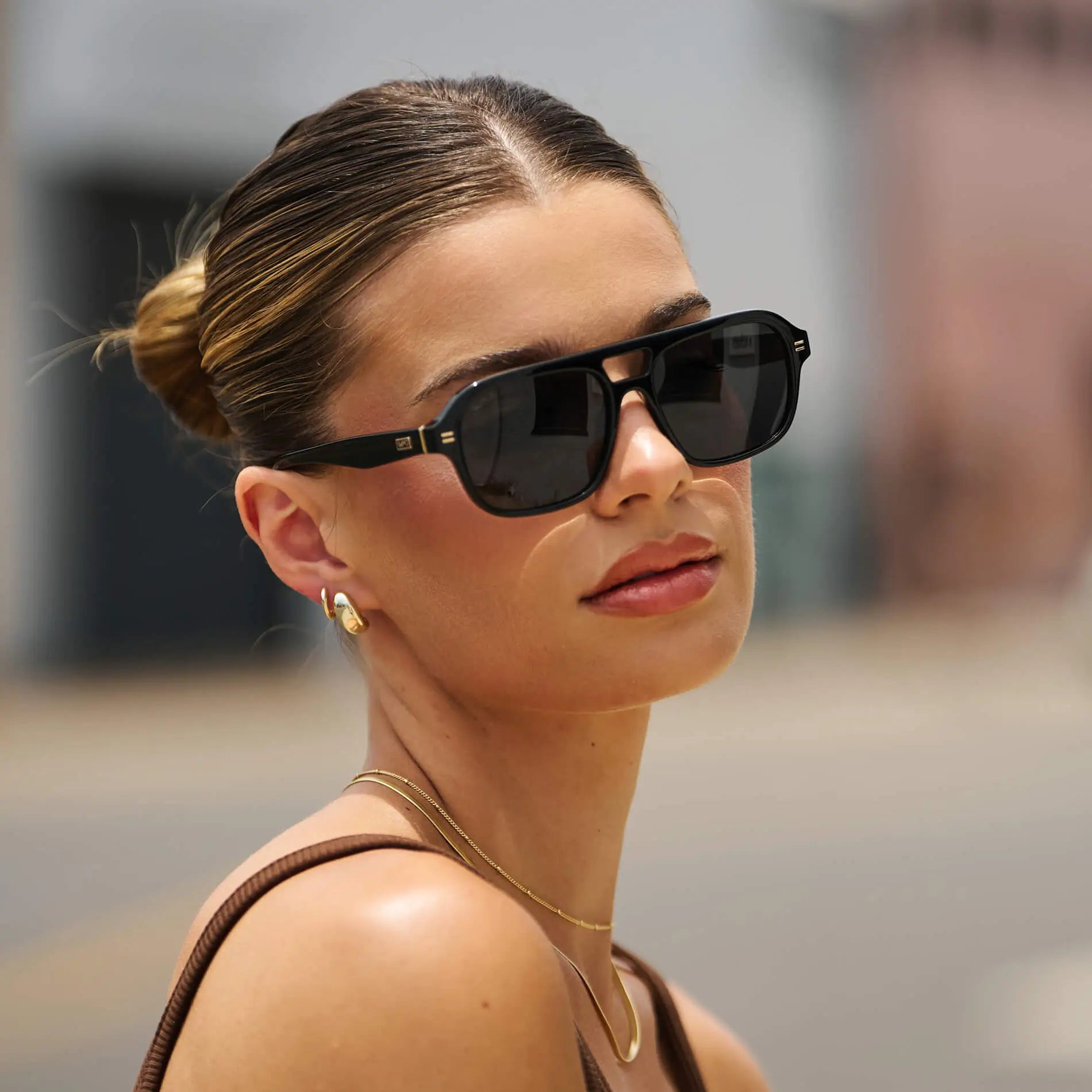 Black / Triple Black Lens || Women's Double Bridge Oversized Aviator Sunglasses with Black Acetate Frame and Triple Black Polarized Lens